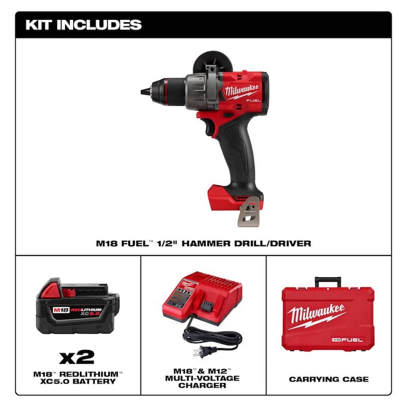 Milwaukee M18 FUEL 18V Lithium-Ion Brushless Cordless 1/2 in. Kit de taladro atornillador percutor con martillo con dos baterías de 5.0 Ah y estuche rígido - 2904-22.