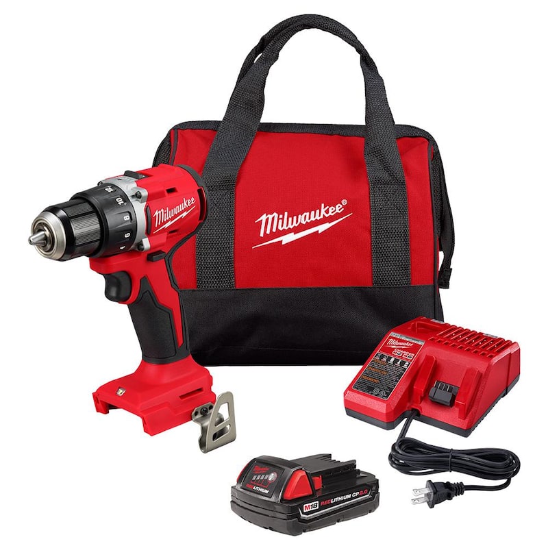 Milwaukee M18 18V Taladro/Destornillador Compacto inalámbrico sin escobillas de 1/2 pulgadas con una batería de 2.0 Ah, cargador y bolsa de herramientas - 3601-21P