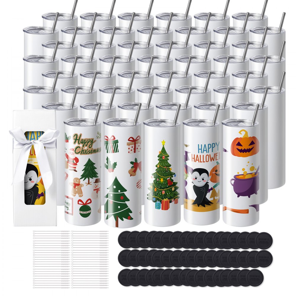 VEVOR 50 Pack Sublimation Tumblers 20oz Skinny Straight, Stainless Steel Sublimation Tumblers Blank, Stainless Steel Double Wall Tumbler for Heat Transfer Customized Gifts with Lid and Straw, Gift Box - KBJPJTJBXG507H8NIV0