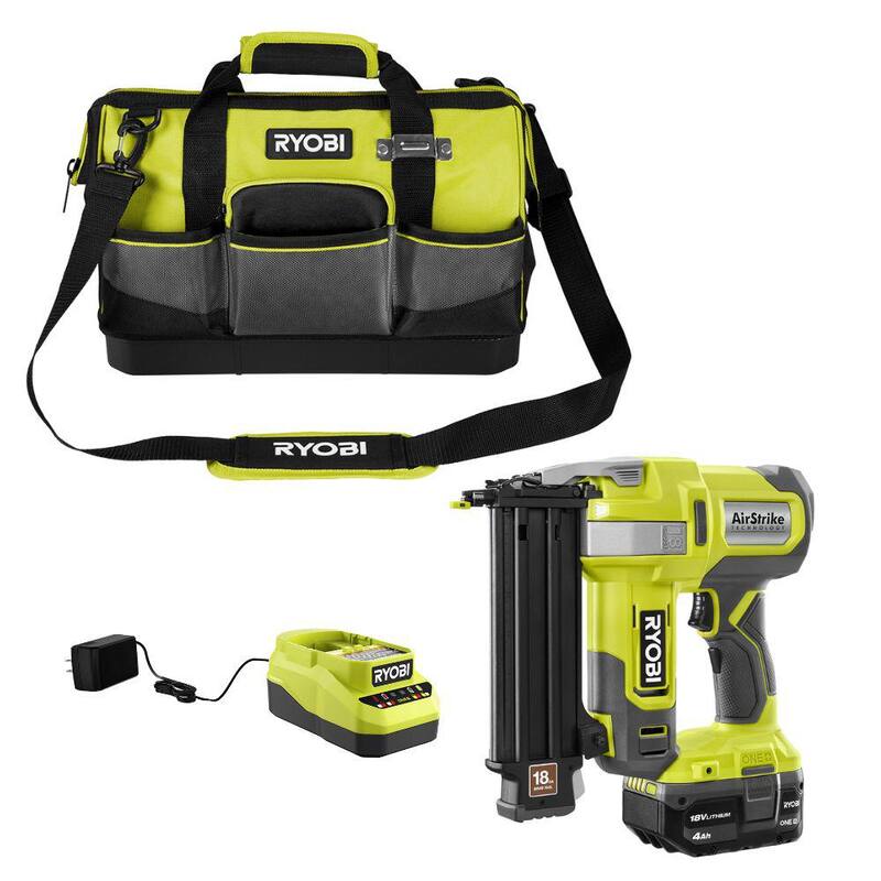 Clavadora inalámbrica RYOBI ONE+ 18V calibre 18 AirStrike con batería de 4.0 Ah, cargador y bolsa de herramientas de 16 pulgadas - P321K1-STS603
