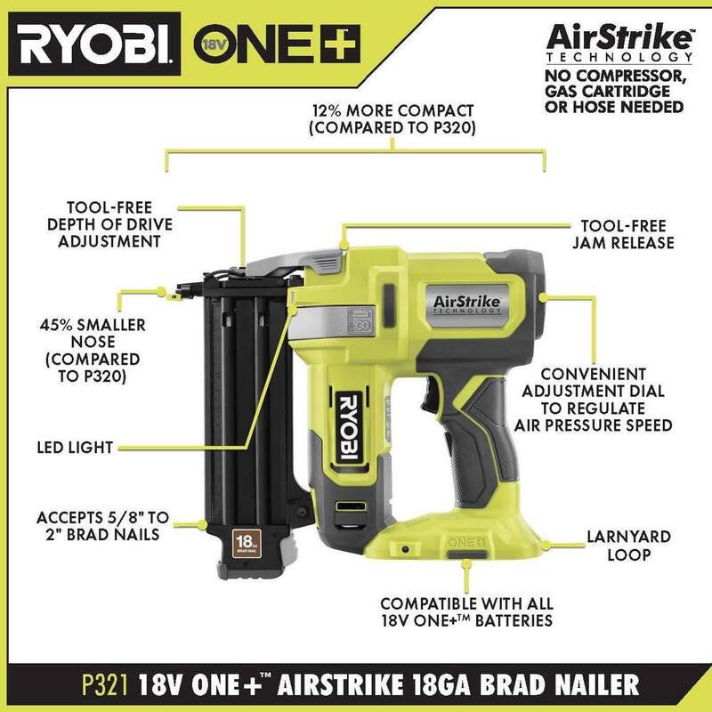 Clavadora inalámbrica RYOBI ONE+ 18V calibre 18 AirStrike con batería de 4.0 Ah, cargador y bolsa de herramientas de 16 pulgadas - P321K1-STS603