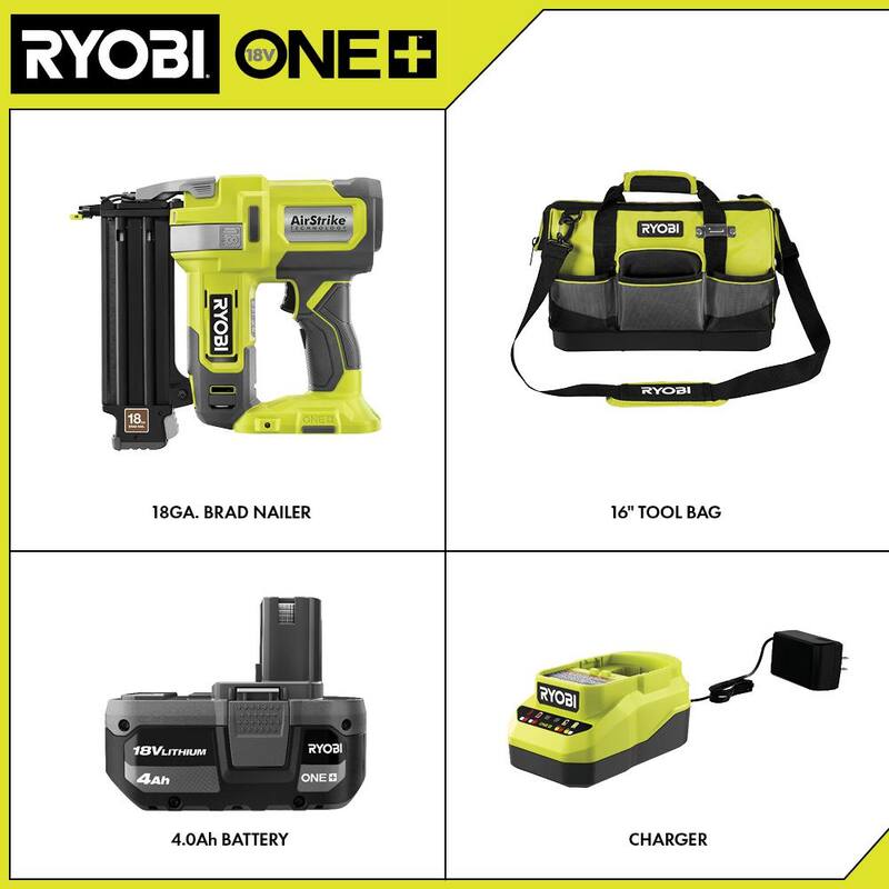 Clavadora inalámbrica RYOBI ONE+ 18V calibre 18 AirStrike con batería de 4.0 Ah, cargador y bolsa de herramientas de 16 pulgadas - P321K1-STS603