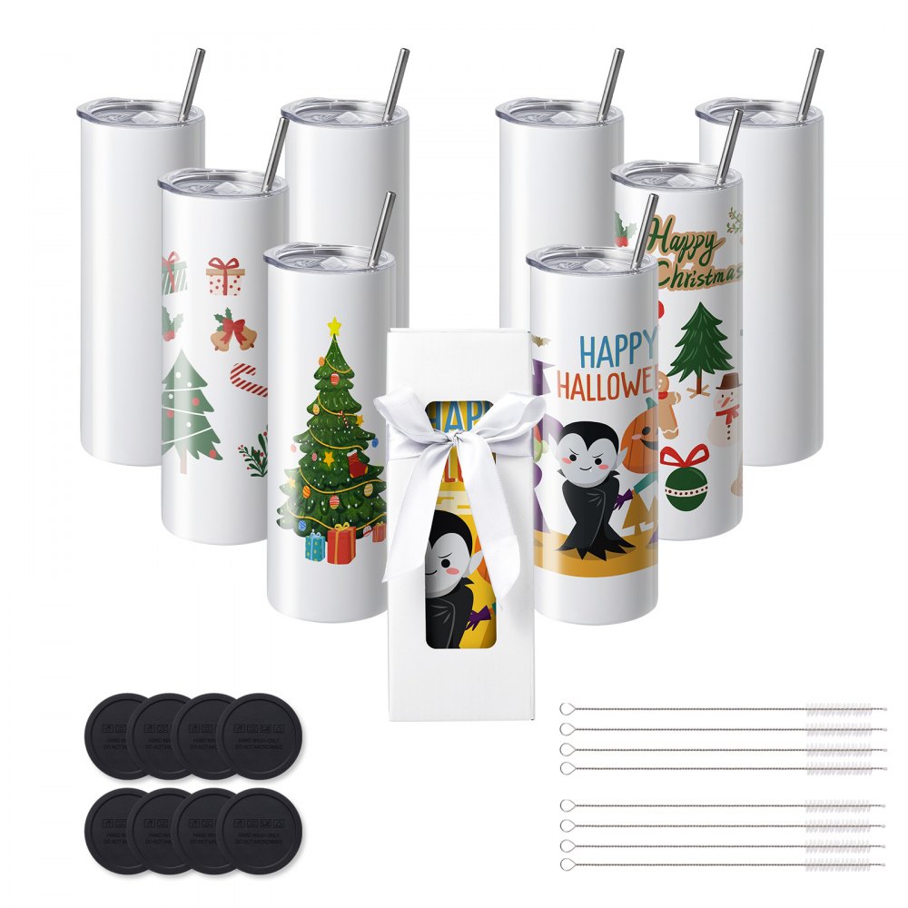 VEVOR 8 Pack Sublimation Tumblers 20 Oz Skinny Straight, Stainless Steel Sublimation Tumblers Blank, Stainless Steel Double Wall Tumbler for Heat Transfer Customized Gifts with Lid and Straw, Gift Box - KBJPJTJBXG8JSN486V0