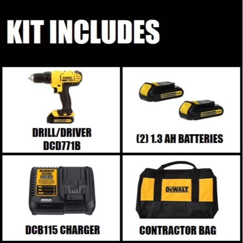 DEWALT Taladro/destornillador inalámbrico de 20V Máx. 1/2 pulg., (2) baterías de 20V 1.3Ah, cargador y estuche - DCD771C2