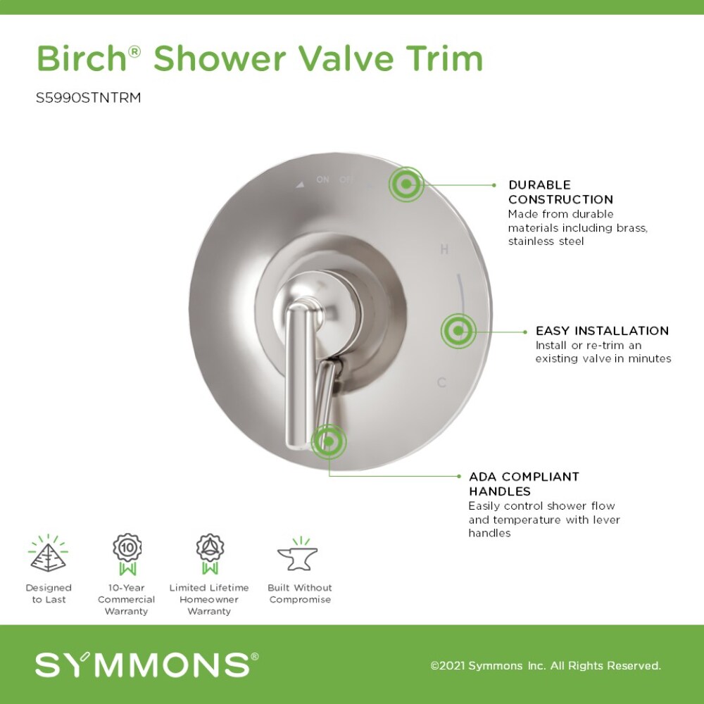 Manija de mezcladora de ducha Symmons Birch en níquel satinado con palanca 5990STNTRM.