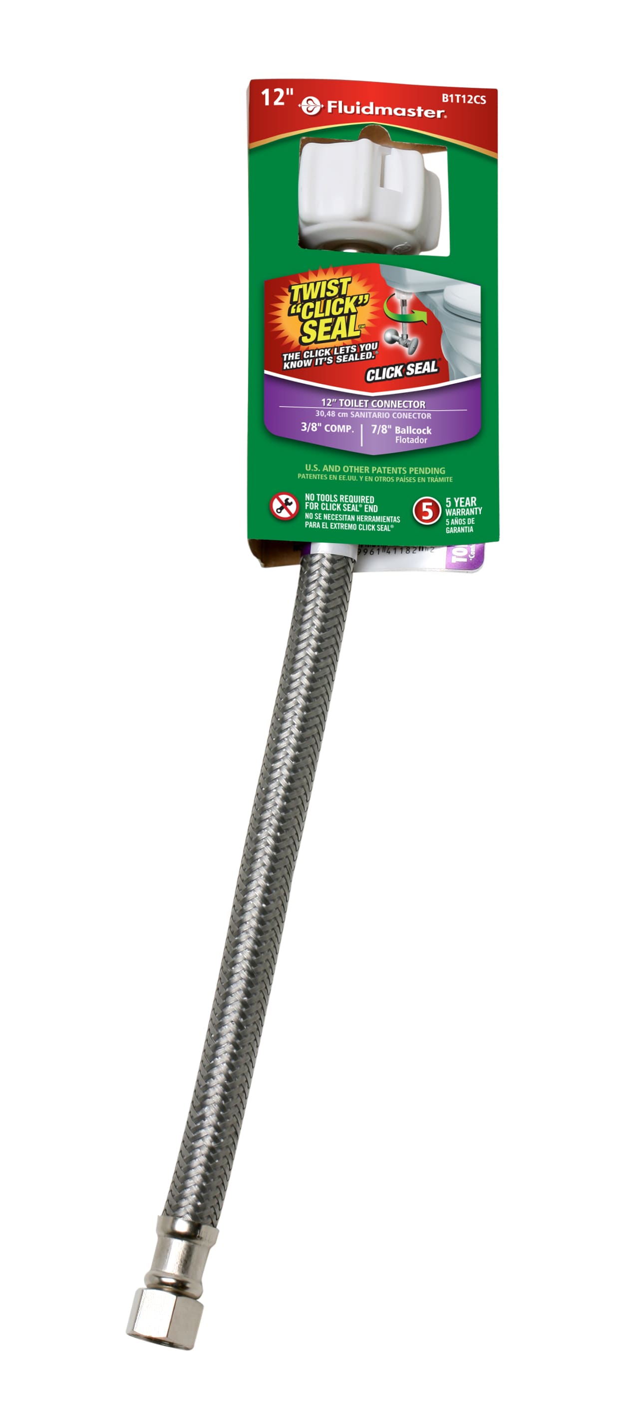 Línea de suministro de agua flexible para inodoro de acero inoxidable trenzado de 12.0 pulgadas, con compresión de 3/8 pulgadas x rosca de ballcock de 7/8 pulgadas.