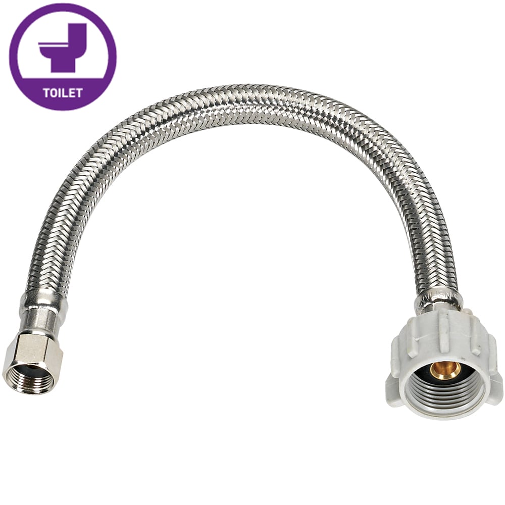 Línea flexible de suministro de acero inoxidable trenzado para inodoro RELIABILT de 3/8 pulgadas flare x 7/8 pulgadas FIP x 12 pulgadas 7233-12-38-3-RB