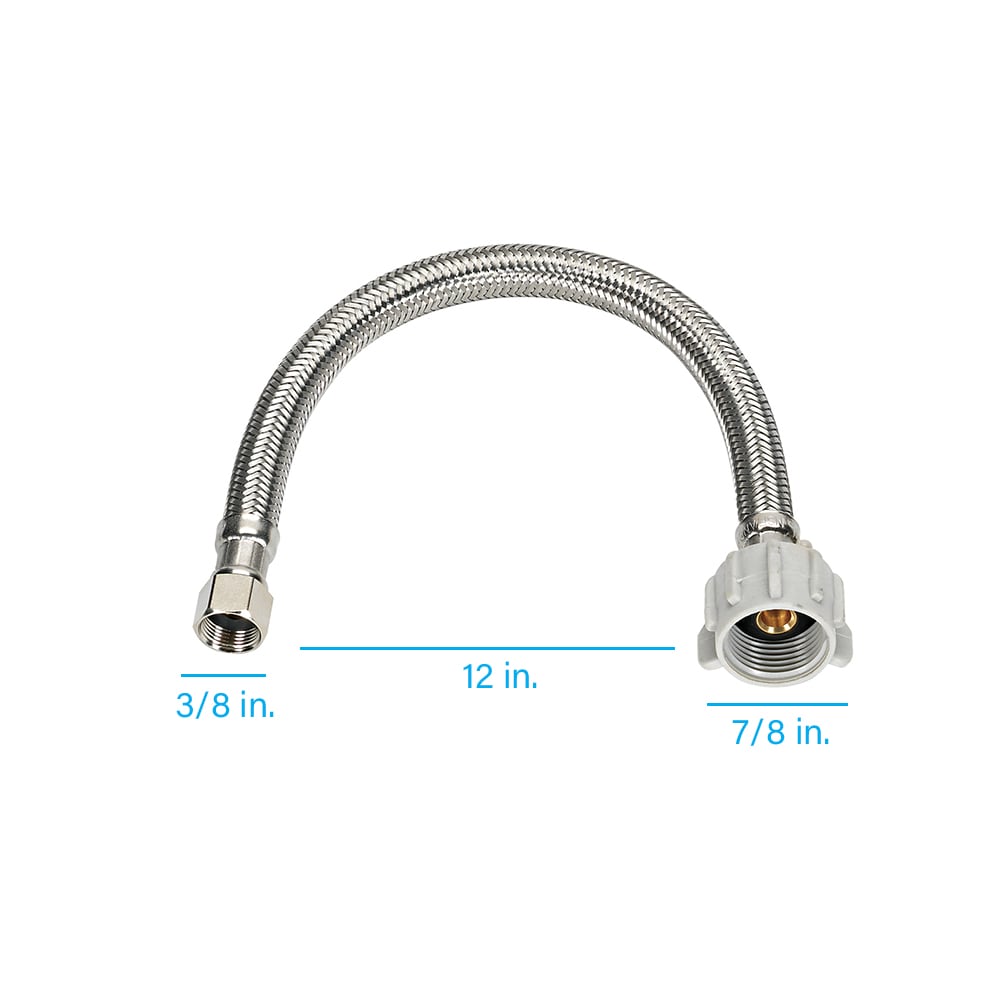 Línea flexible de suministro de acero inoxidable trenzado para inodoro RELIABILT de 3/8 pulgadas flare x 7/8 pulgadas FIP x 12 pulgadas 7233-12-38-3-RB