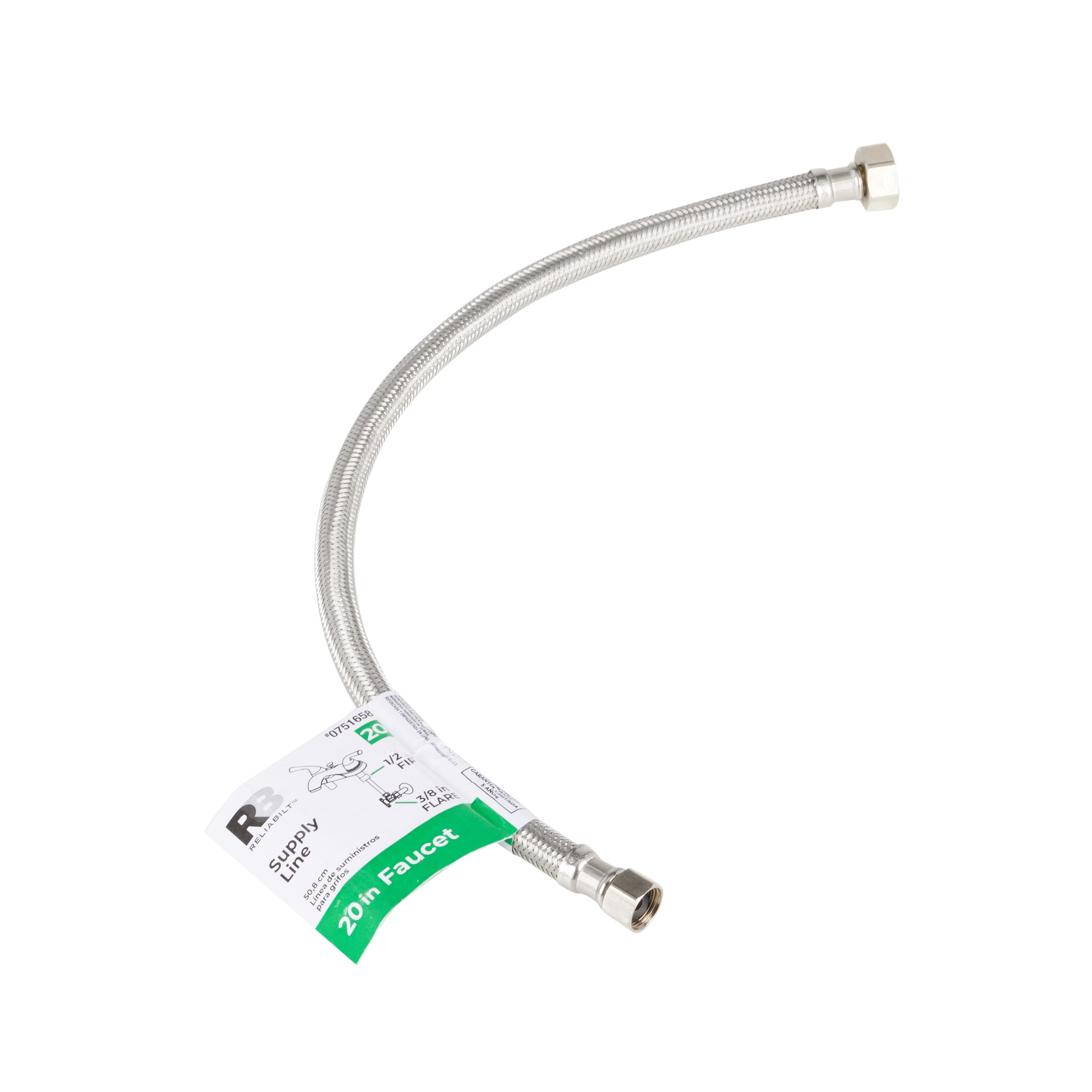 Línea de suministro flexible para grifo de acero inoxidable trenzado de 20 pulgadas RELIABILT 3/8 pulgadas de acampanamiento x 1/2 pulgadas de FIP 7223-20-38-3-RB