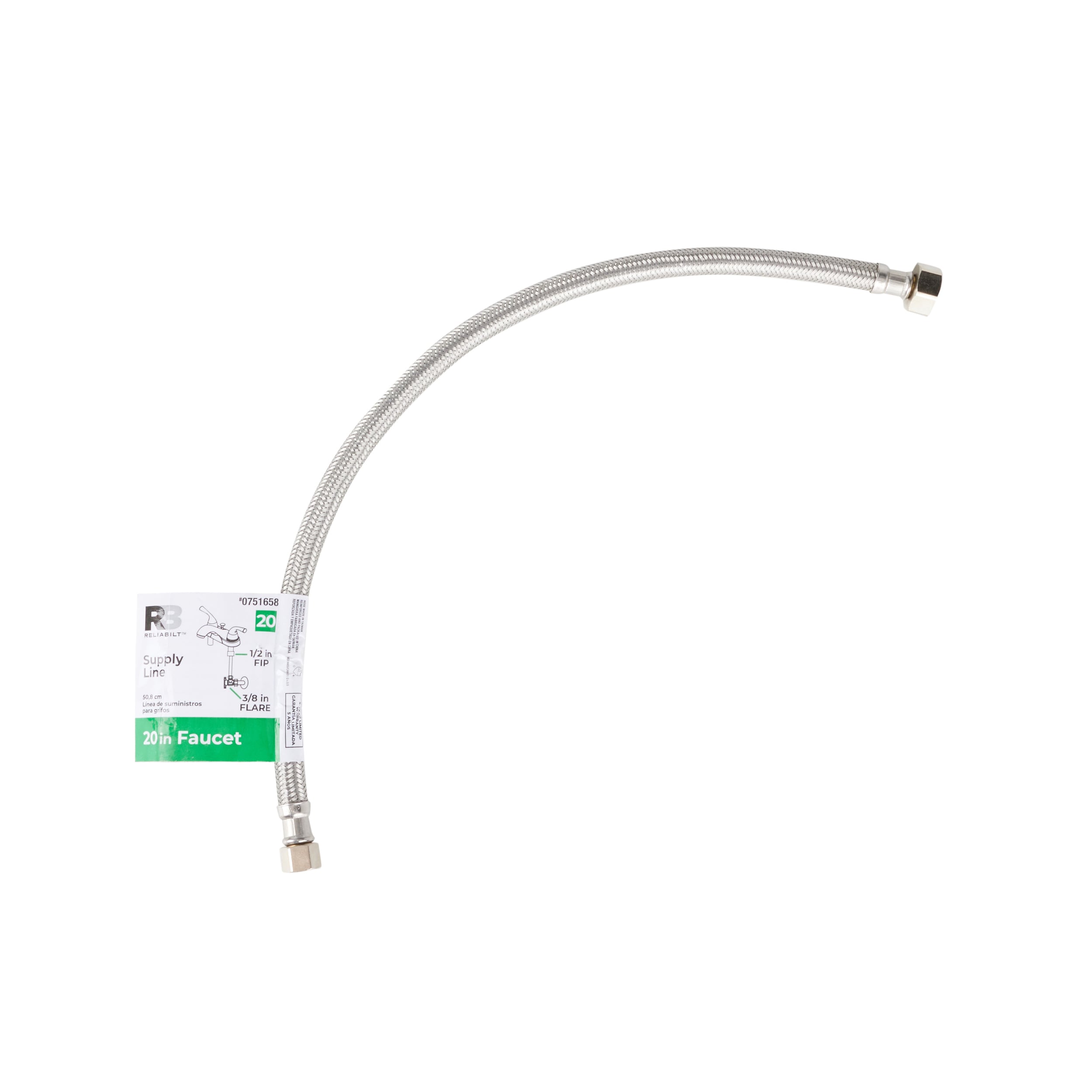 Línea de suministro flexible para grifo de acero inoxidable trenzado de 20 pulgadas RELIABILT 3/8 pulgadas de acampanamiento x 1/2 pulgadas de FIP 7223-20-38-3-RB