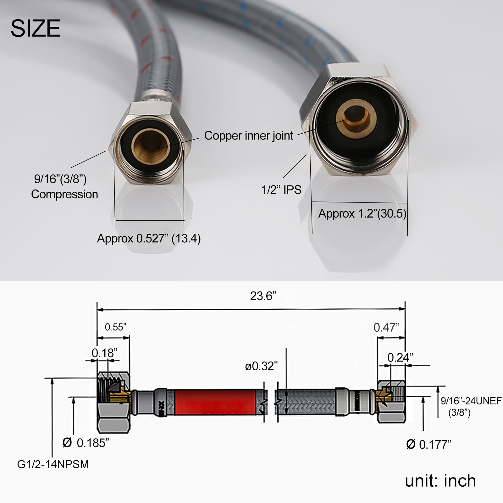 Línea de suministro flexible para grifo de 24 pulgadas WOWOW 3/8 pulgadas de compresión x 1/2 pulgadas de FIP x PEX X1005-24-LW