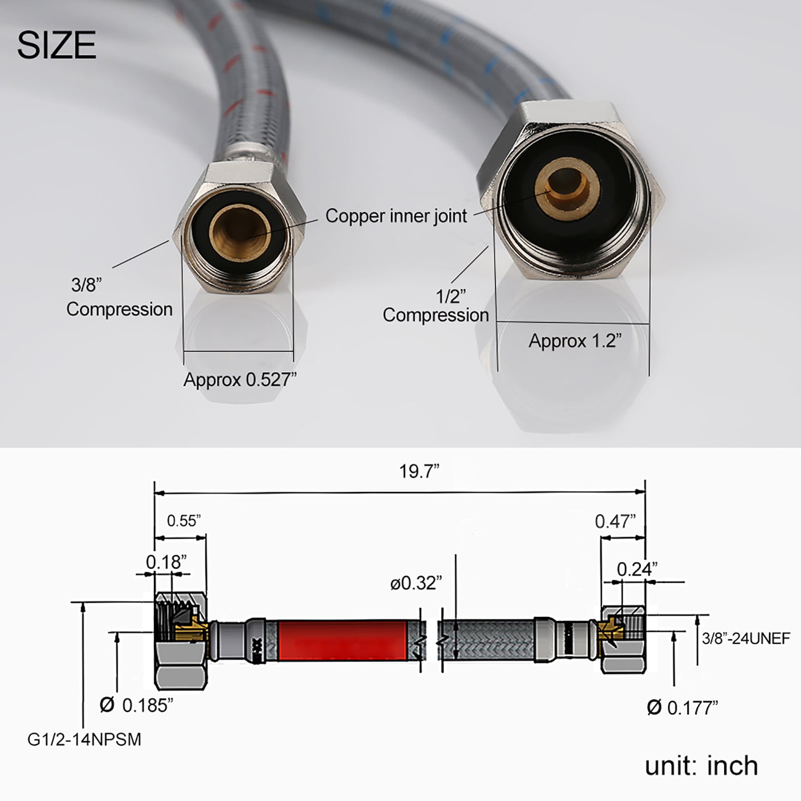 Manguera Flexible para Grifo de 20 pulgadas WOWOW 3/8 pulgadas de Compresión x 1/2 pulgadas de Compresión X1005-20-LW