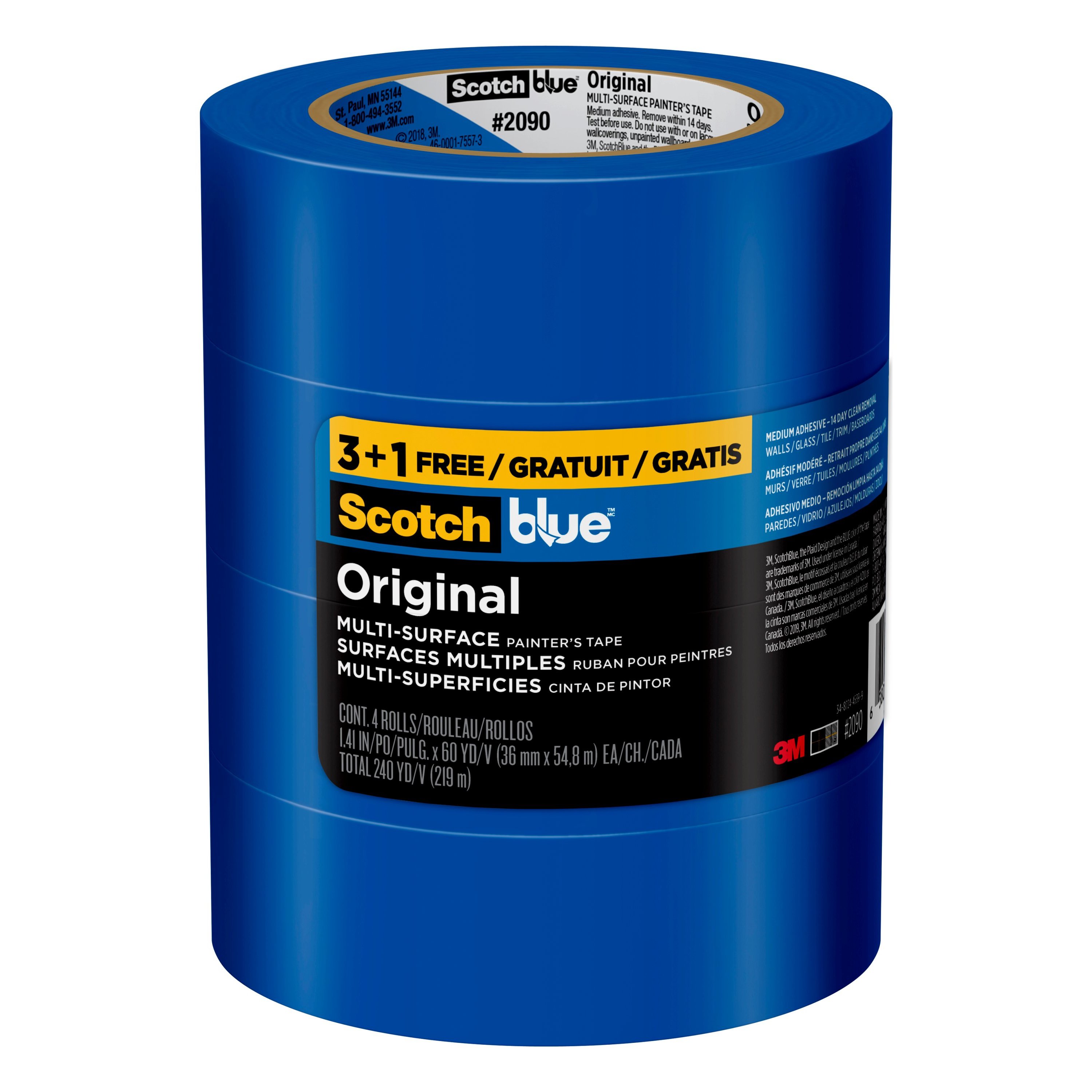 Cinta para pintor ScotchBlue Original Multi-Surface 2090 paquete de 4 rollos de 1.41 pulgadas x 60 yardas