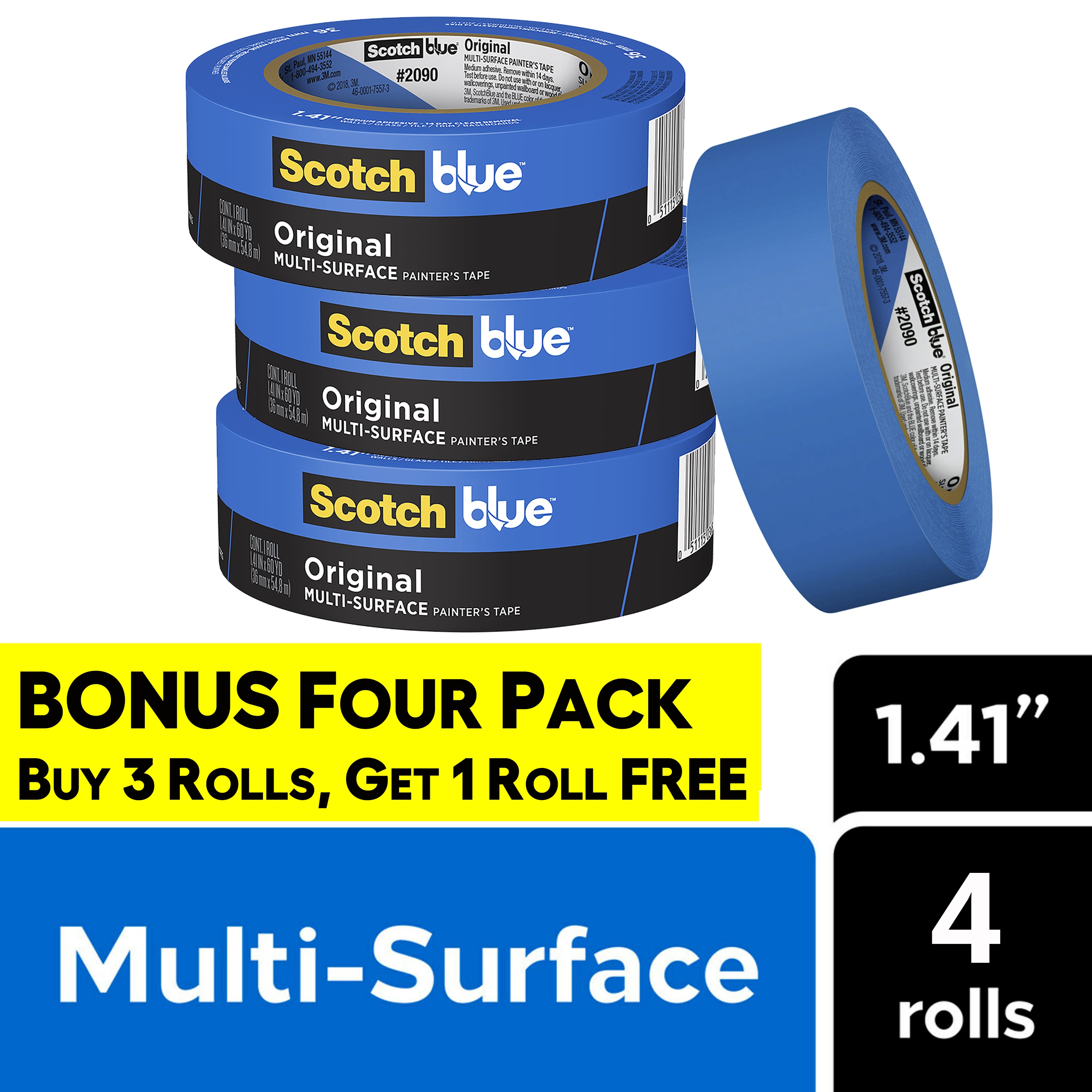 Cinta para pintor ScotchBlue Original Multi-Surface 2090 paquete de 4 rollos de 1.41 pulgadas x 60 yardas