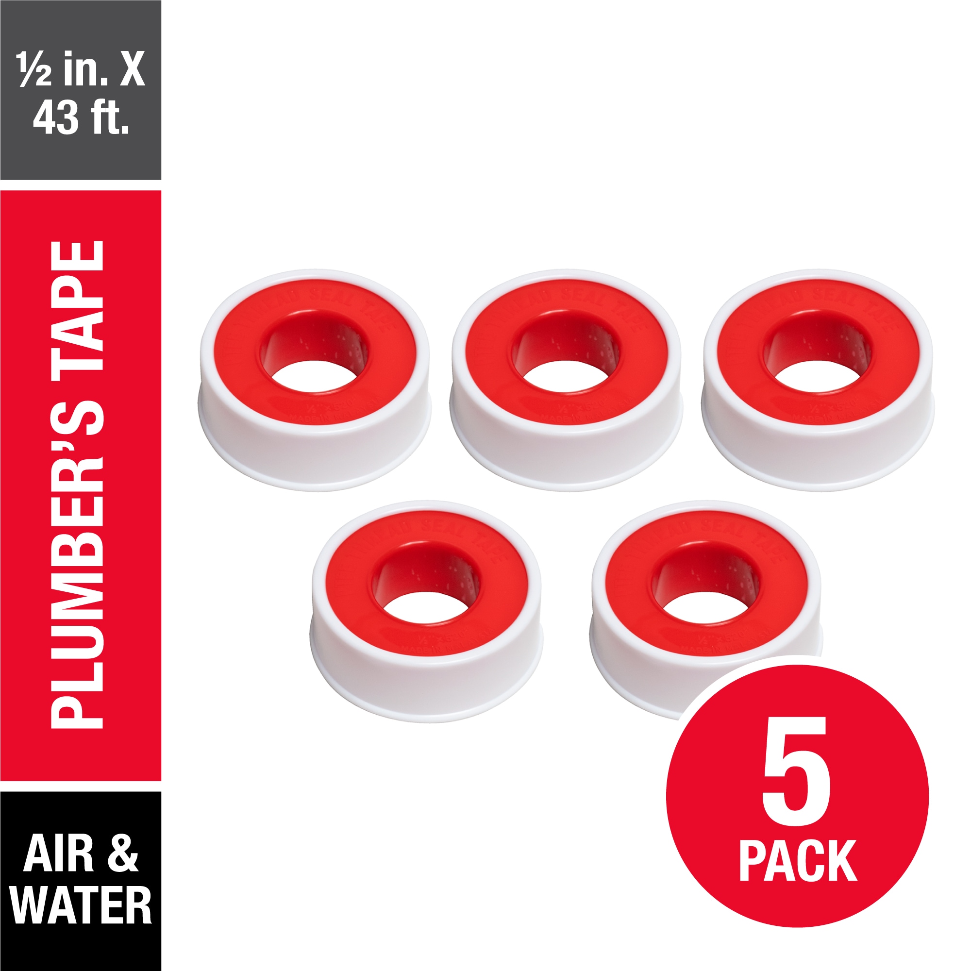 Cinta de Plomero Oatey de 0.5 pulgadas x 43 pies en paquete de 5