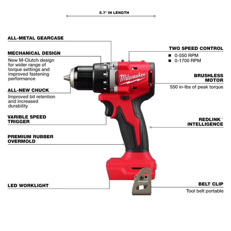 Milwaukee M18 Taladro/destornillador compacto inalámbrico de 1/2 pulgadas con motor sin escobillas de 18V de iones de litio (solo la herramienta) - 3601-20.
