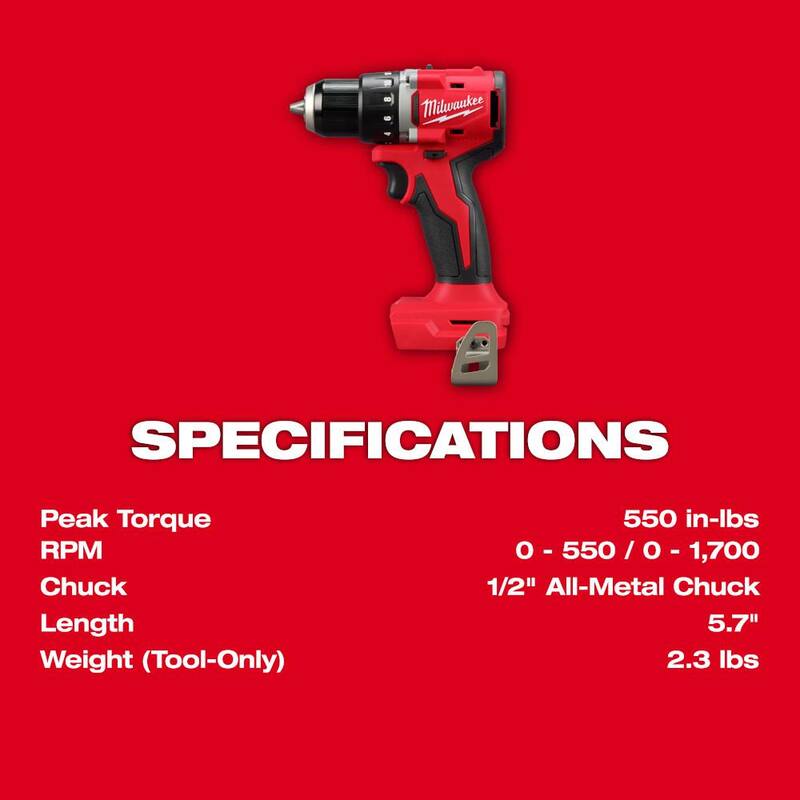Milwaukee M18 Taladro/destornillador compacto inalámbrico de 1/2 pulgadas con motor sin escobillas de 18V de iones de litio (solo la herramienta) - 3601-20.