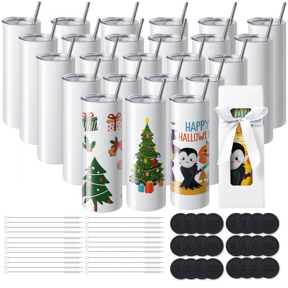 VEVOR 24 Pack Sublimation Tumblers 20oz Skinny Straight, Stainless Steel Sublimation Tumblers Blank, Stainless Steel Double Wall Tumbler for Heat Transfer Customized Gifts with Lid and Straw, Gift Box - KBJPJTJBXG24E30BHV0