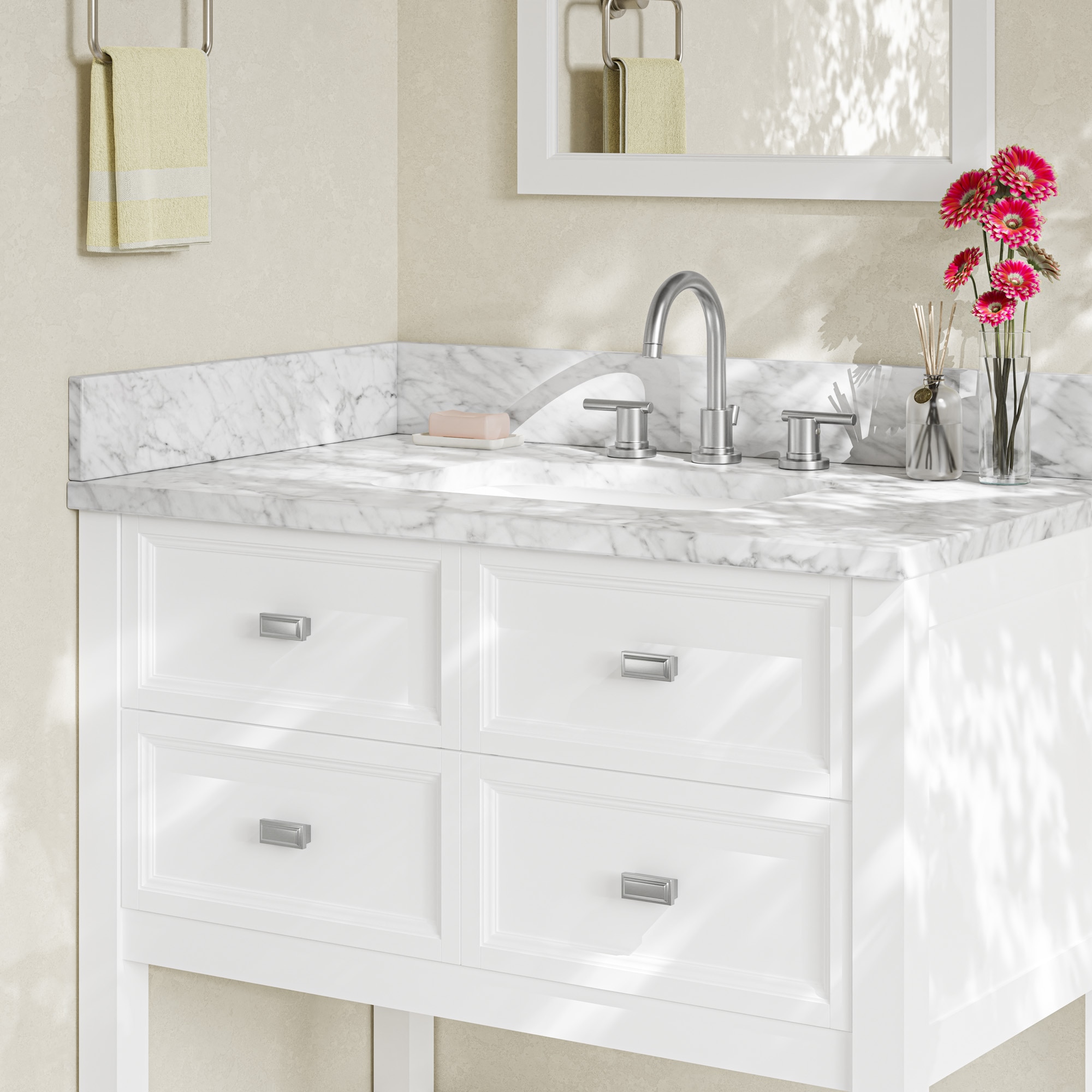 Salpicadura lateral de baño de mármol natural Carrara de 4 pulgadas de alto x 21 pulgadas de largo de allen + roth