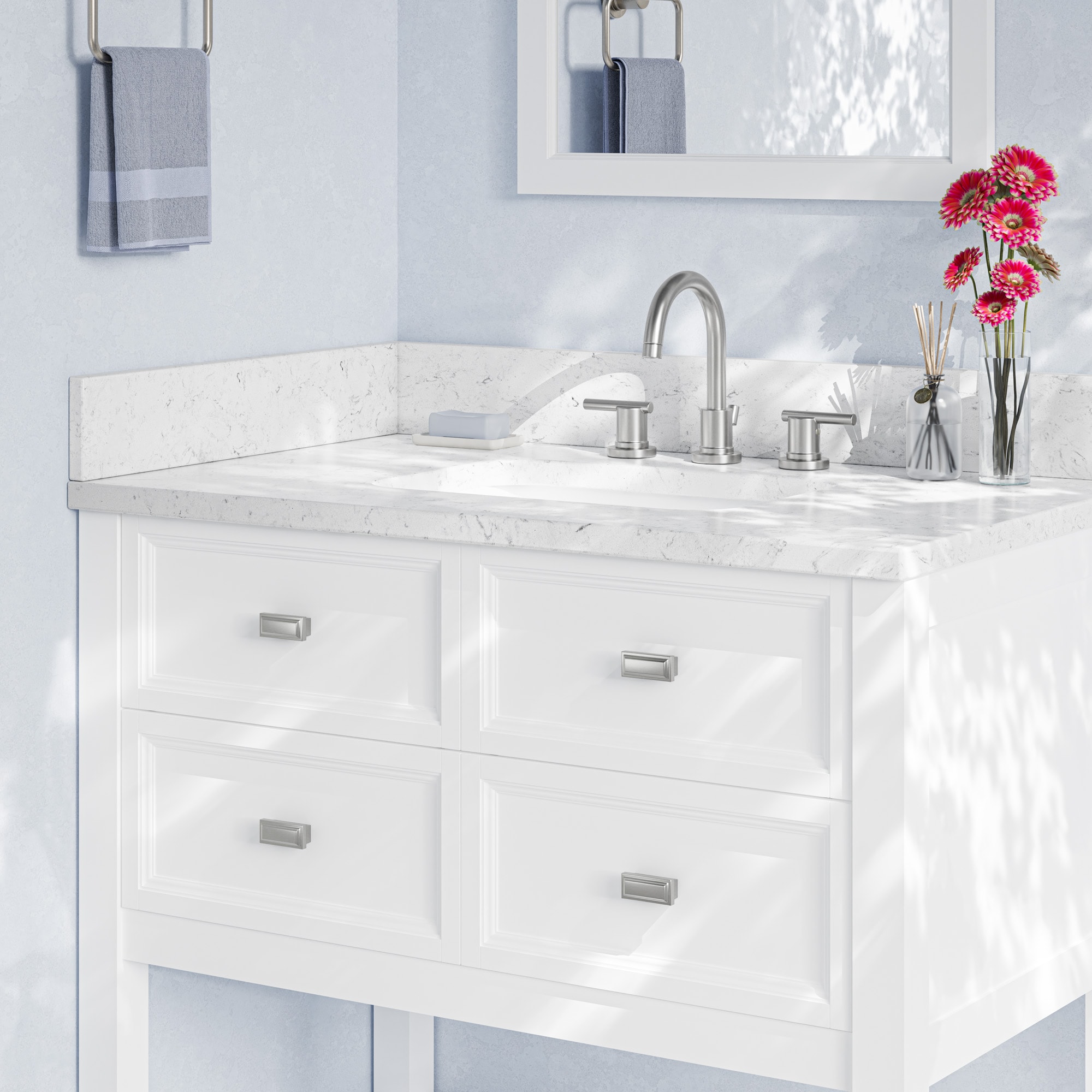 Salpicadera lateral para baño de mármol sintético Carrara de 4 pulgadas de alto y 21 pulgadas de largo de allen + roth