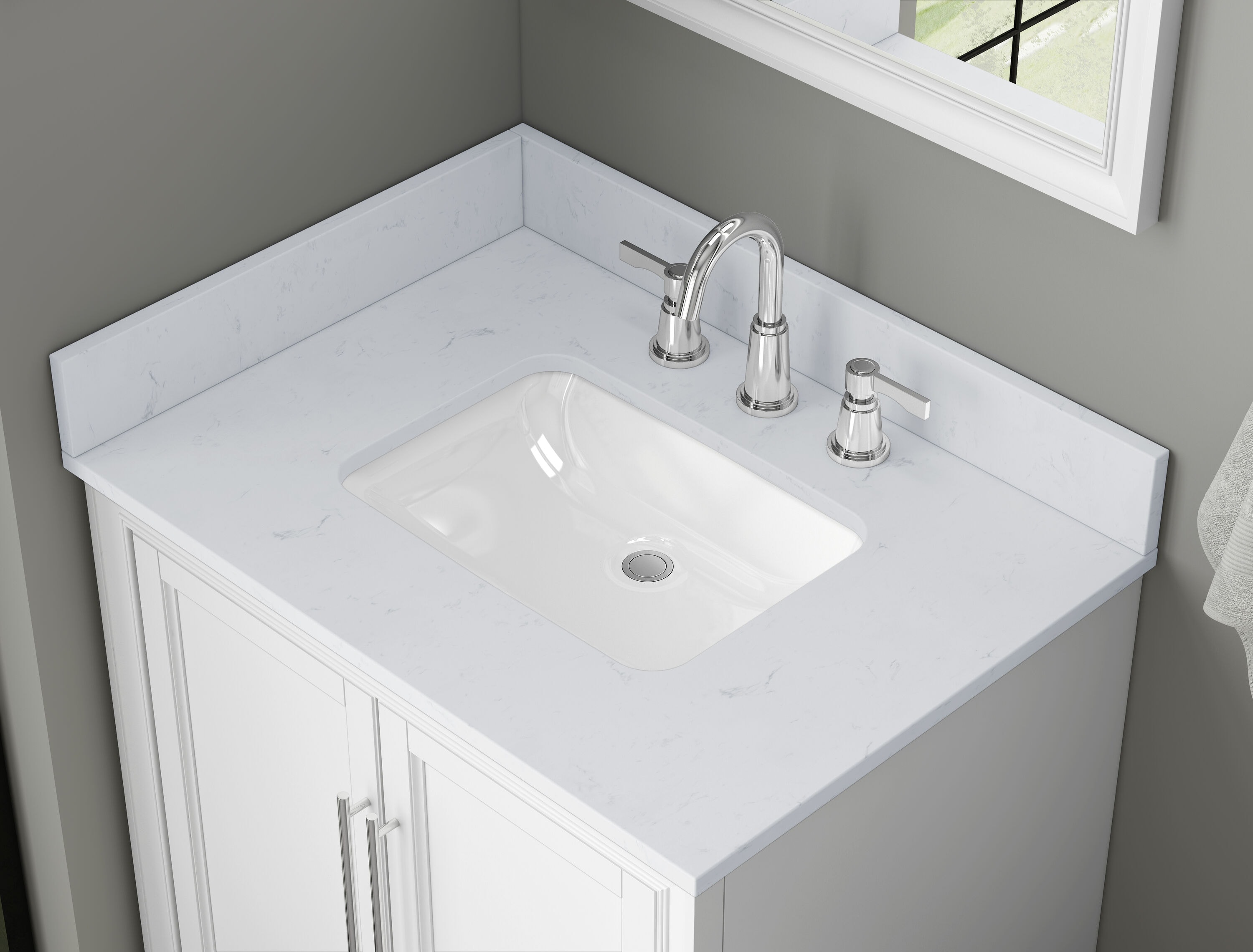 Salpicadero de baño de mármol blanco Carrara ingeniería de 4 pulgadas de alto por 31 pulgadas de largo TJ31-40BS100