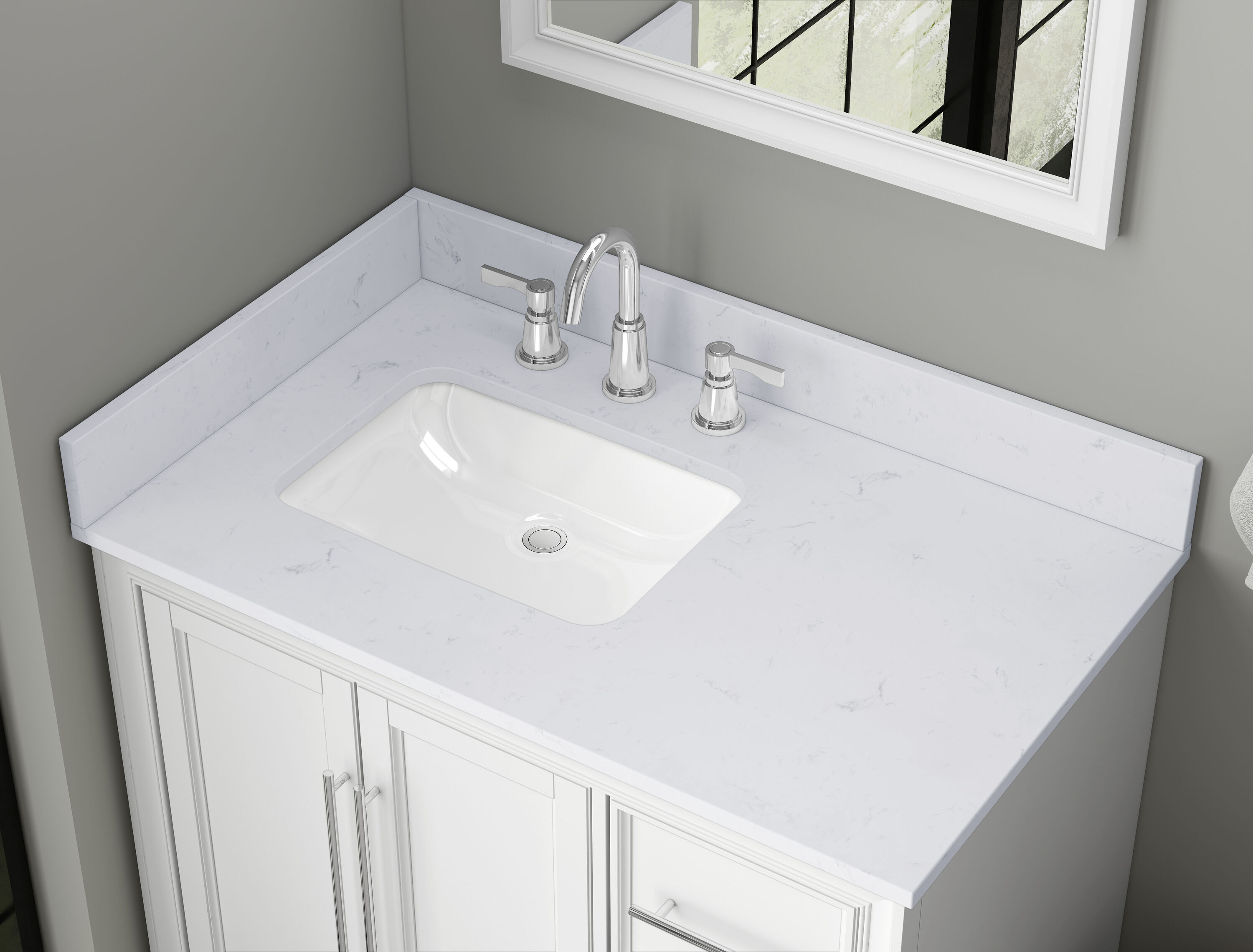 Salpicadero de baño de mármol blanco Carrara de ingeniería de TJAmerican de 4 pulgadas de alto por 37 pulgadas de largo