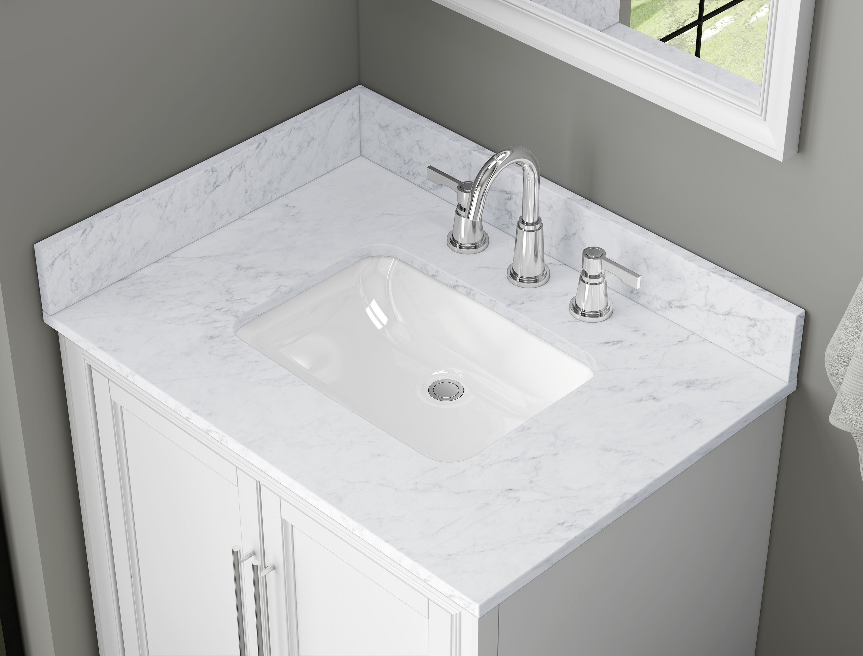 Salpicadero de baño de mármol natural Blanco Carrara de 4 pulgadas de alto por 31 pulgadas de largo TJ31-40BS300