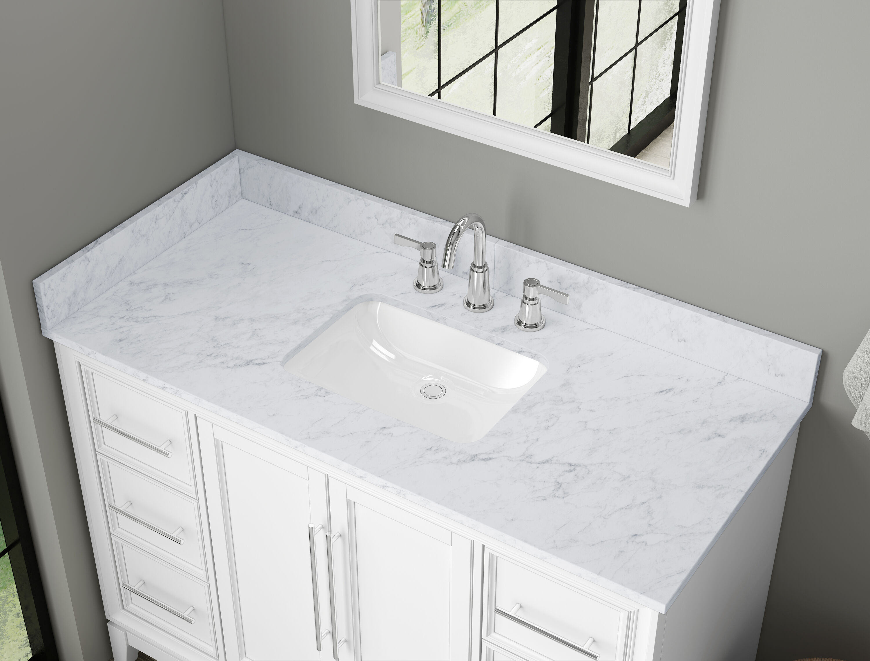 Respaldo de baño de mármol blanco Carrara natural TJAmerican (2 piezas de 24.5 pulgadas) 4 pulgadas de alto x 49 pulgadas de largo TJ49-40BS300