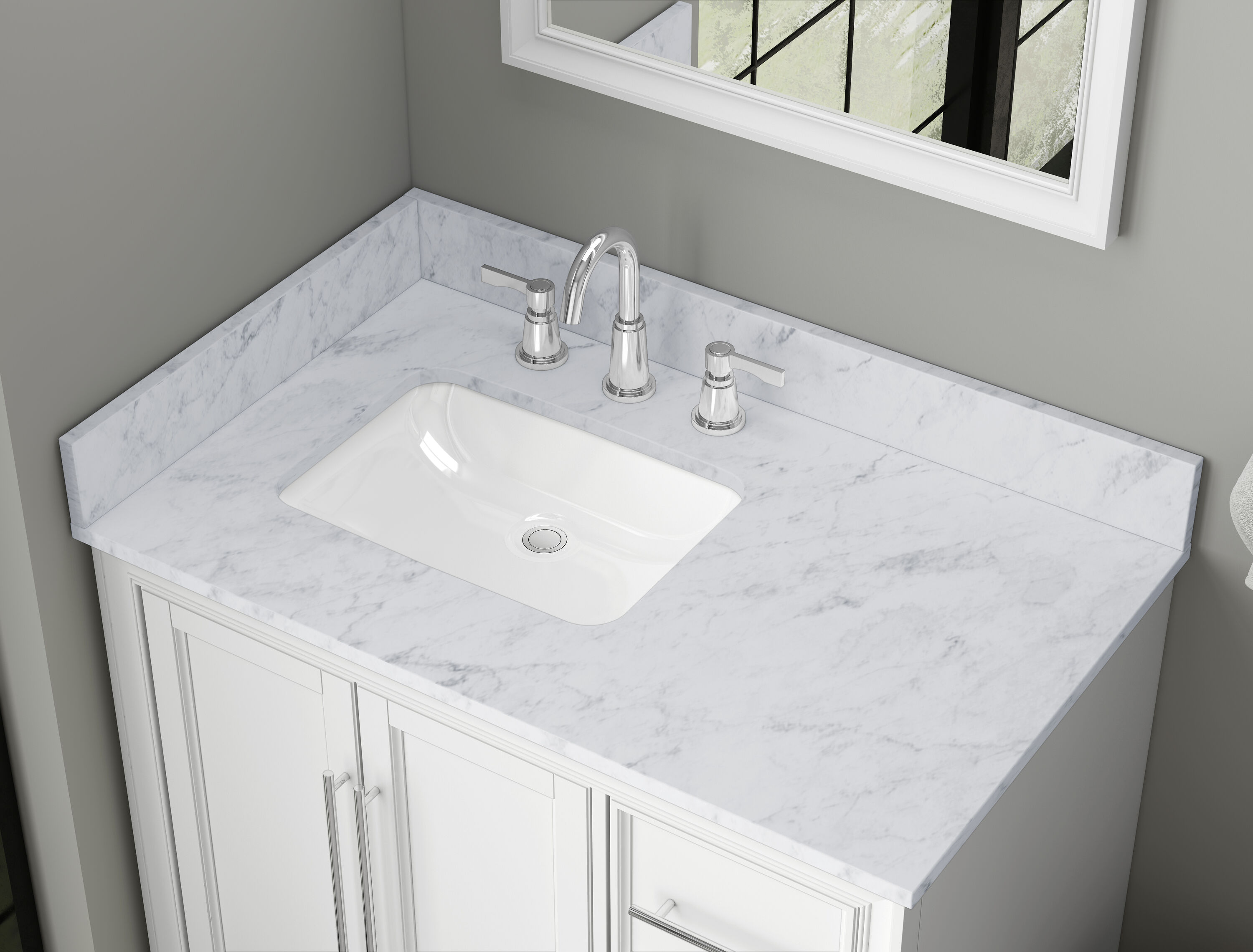 Salpicadura de baño de mármol blanco Carrara natural de 4 pulgadas de alto por 37 pulgadas de largo TJAmerican