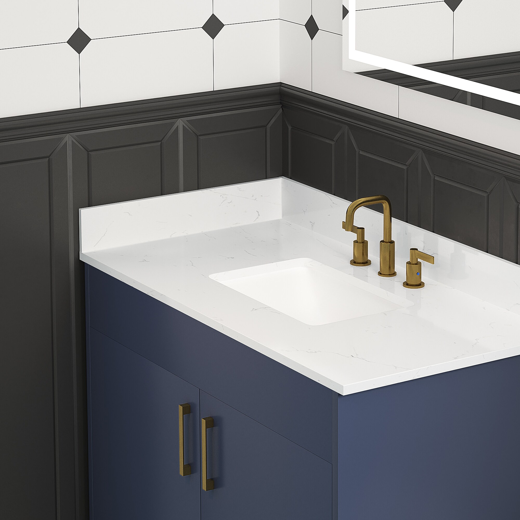 Salpicadura lateral de baño de cuarzo blanco Deluxe Living de 4 pulgadas de alto x 21.25 pulgadas de largo.