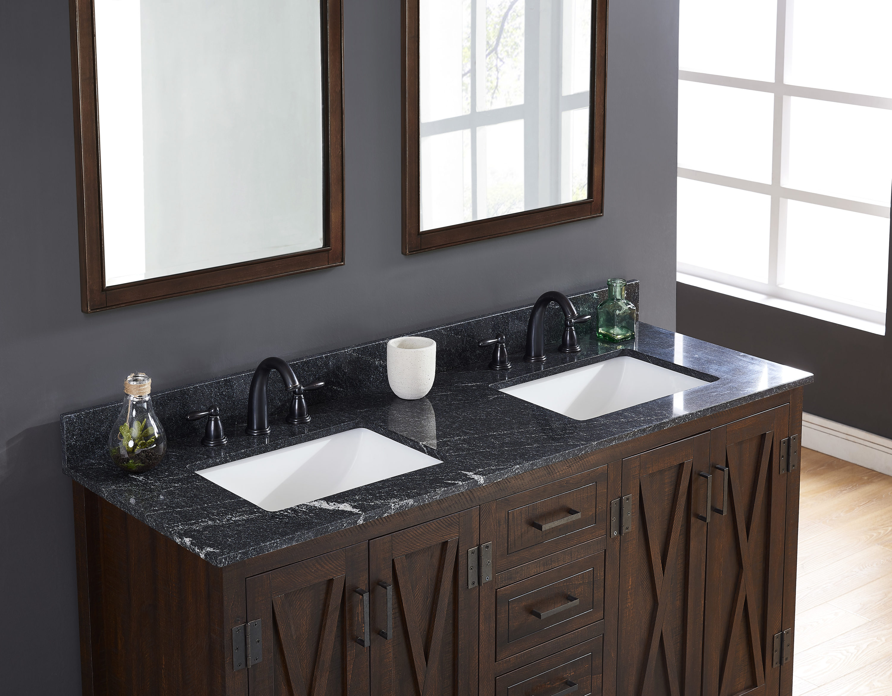 Fregadero doble Bestview de granito negro Thunder de 61 pulgadas x 22 pulgadas, modelo 261046.
