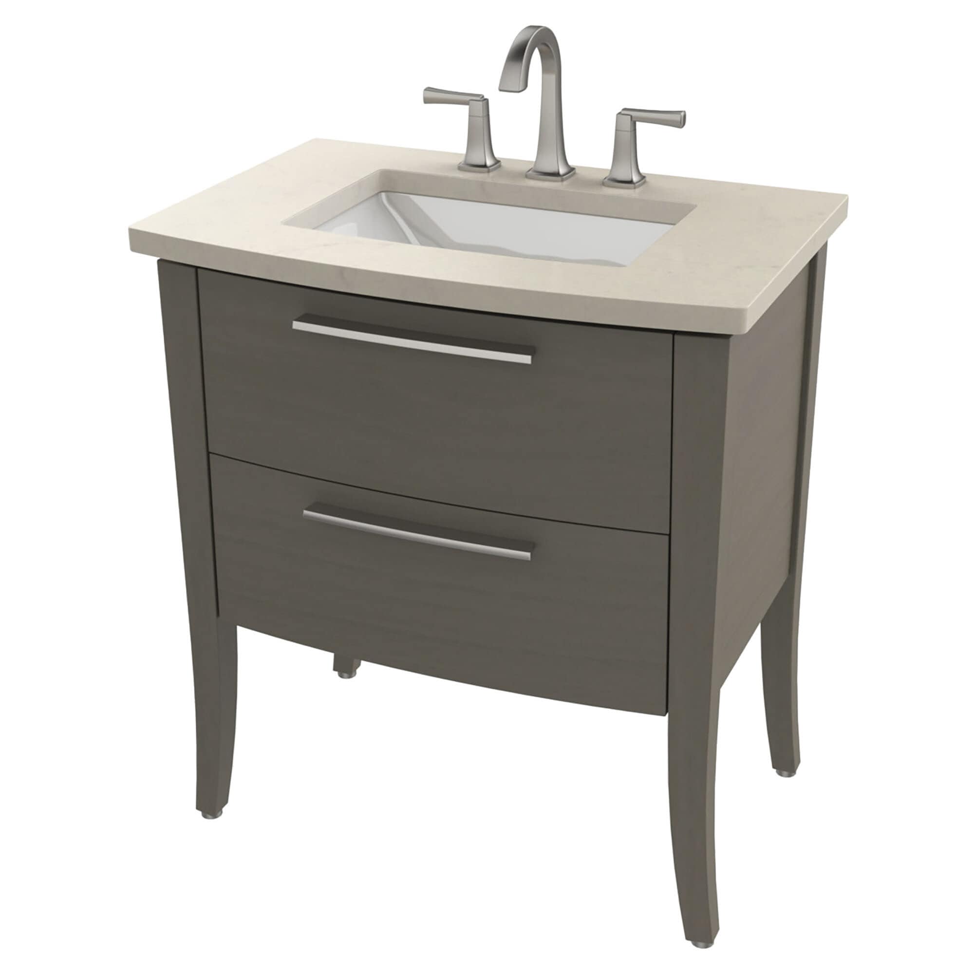 Cubierta de tocador de baño American Standard Townsend de cuarzo blanco de 30 pulgadas x 19 pulgadas con un lavabo individual empotrable de 3 orificios