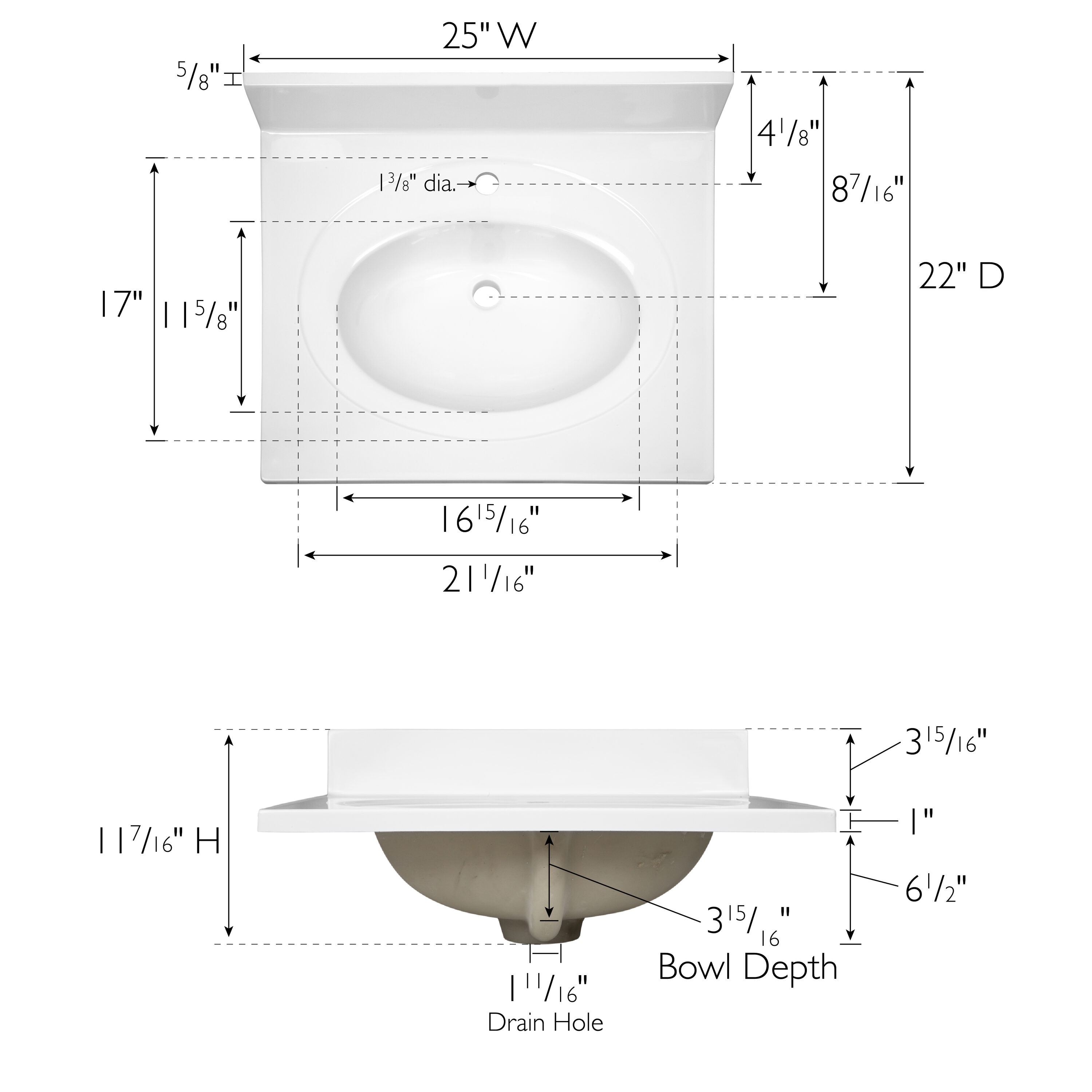 Encimera de baño de mármol cultivado blanco sólido de 25 pulgadas x 22 pulgadas con lavabo individual y un agujero - Casa de Diseño