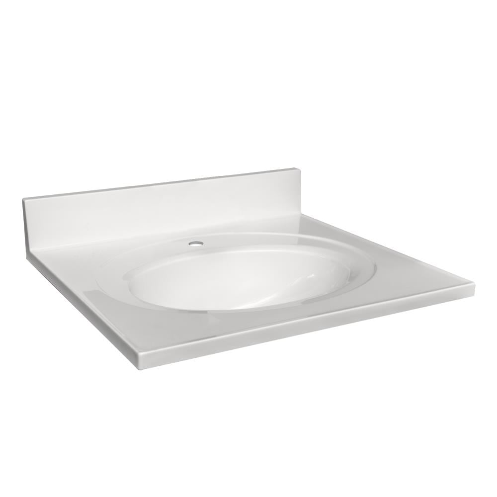 Encimera de baño de mármol cultivado blanco sólido de 25 pulgadas x 22 pulgadas con lavabo individual y un agujero - Casa de Diseño