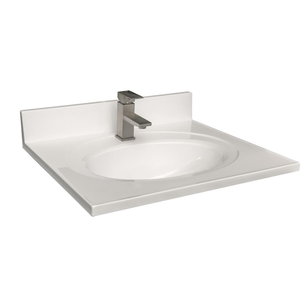 Encimera de baño de mármol cultivado blanco sólido de 25 pulgadas x 22 pulgadas con lavabo individual y un agujero - Casa de Diseño