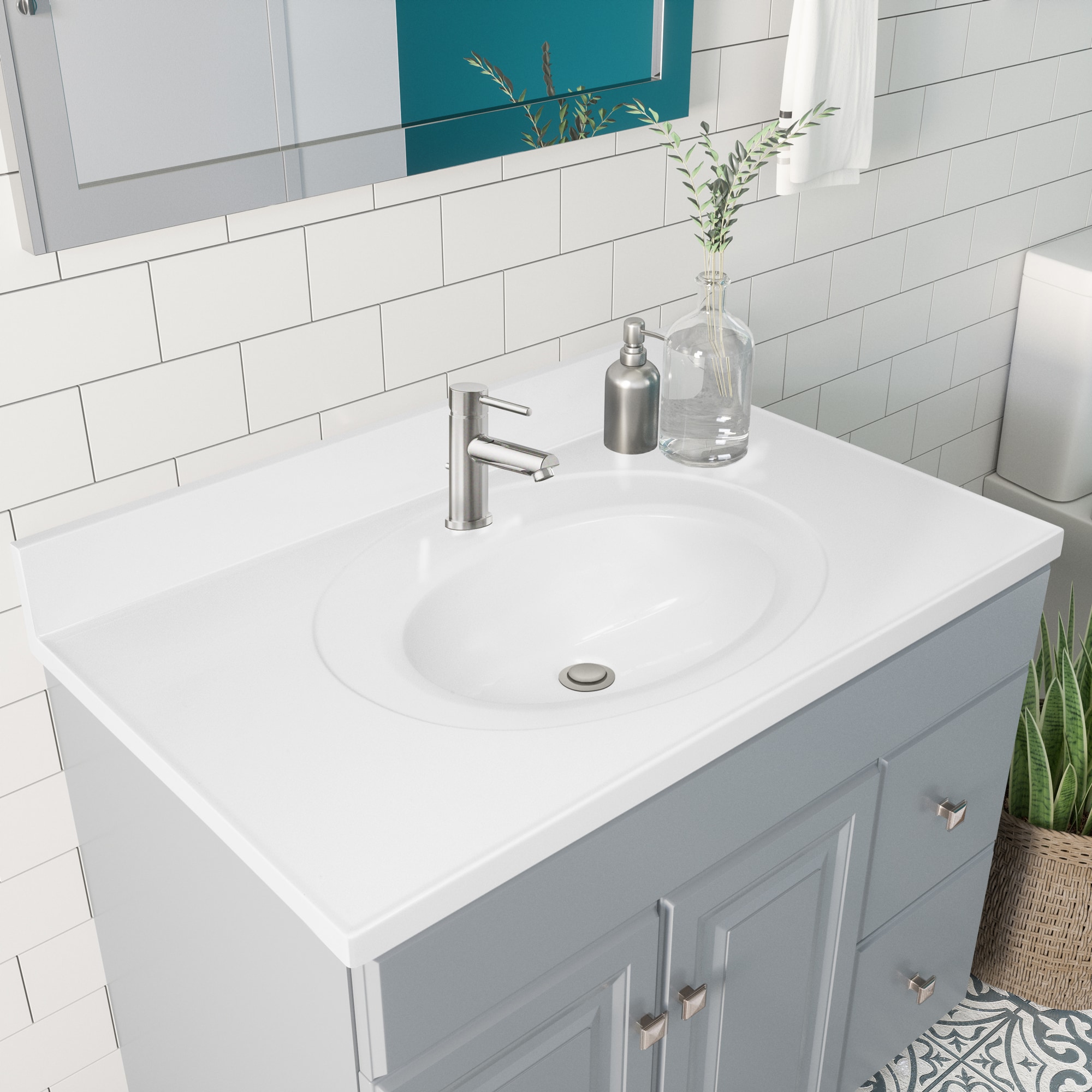 Encimera de baño de mármol cultivado blanco sólido de 37 pulgadas x 22 pulgadas con lavabo individual y un solo orificio - Diseño Casa