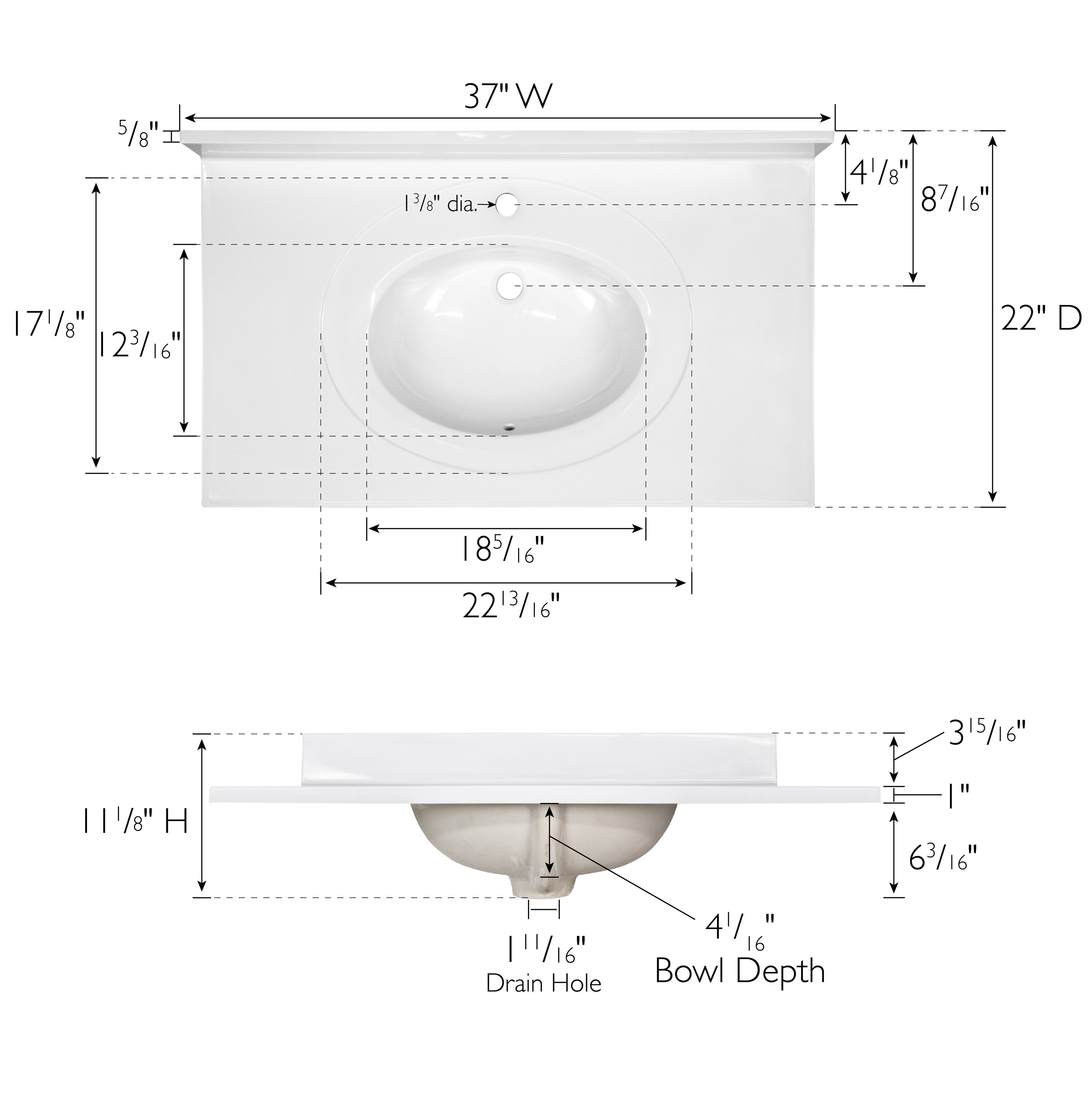 Encimera de baño de mármol cultivado blanco sólido de 37 pulgadas x 22 pulgadas con lavabo individual y un solo orificio - Diseño Casa