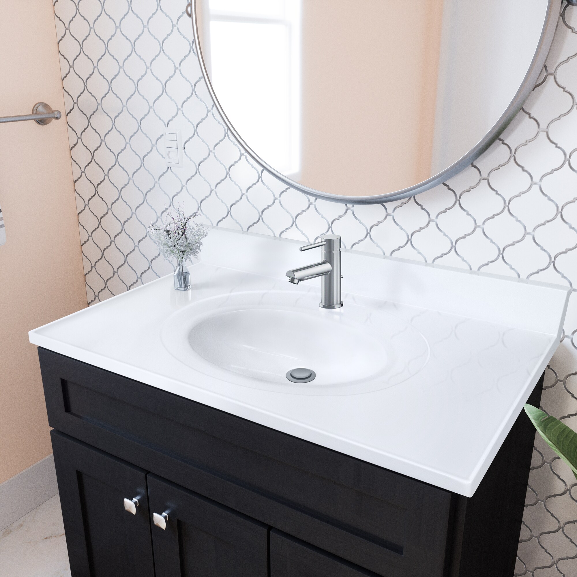 Encimera de baño de mármol cultivado blanco sólido de 37 pulgadas x 22 pulgadas con lavabo individual y un solo orificio - Diseño Casa