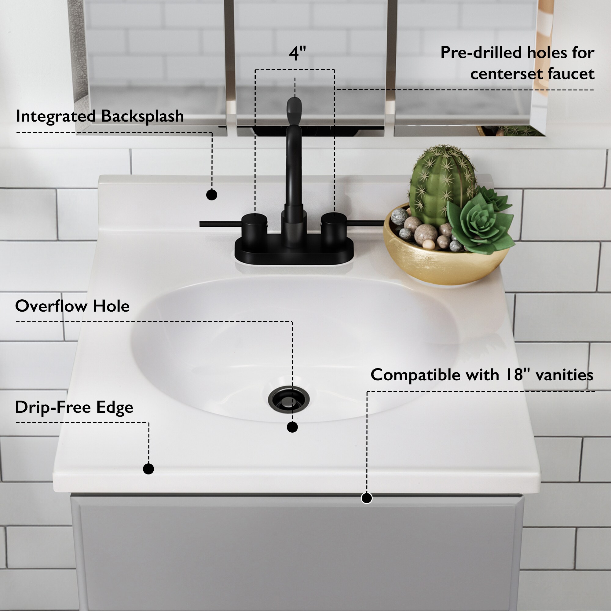 Tapa de lavabo de baño de mármol sólido blanco integrado de 19 pulgadas x 17 pulgadas con un solo lavabo y 3 orificios de montaje