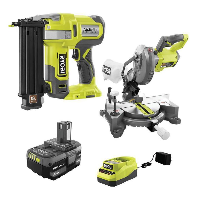 Clavadora inalámbrica de calibre 18 de RYOBI ONE+ 18V AirStrike con sierra ingleteadora inalámbrica de 7-1/4 pulgadas, batería de 4.0 Ah y cargador - P321K1-P553
