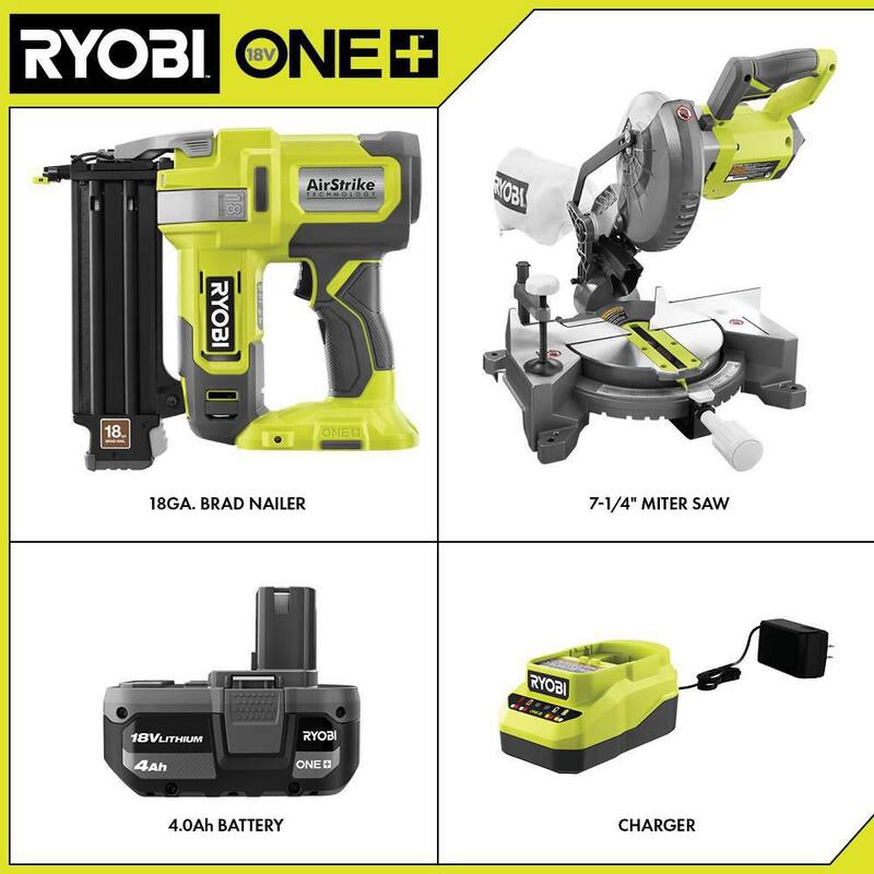 Clavadora inalámbrica de calibre 18 de RYOBI ONE+ 18V AirStrike con sierra ingleteadora inalámbrica de 7-1/4 pulgadas, batería de 4.0 Ah y cargador - P321K1-P553