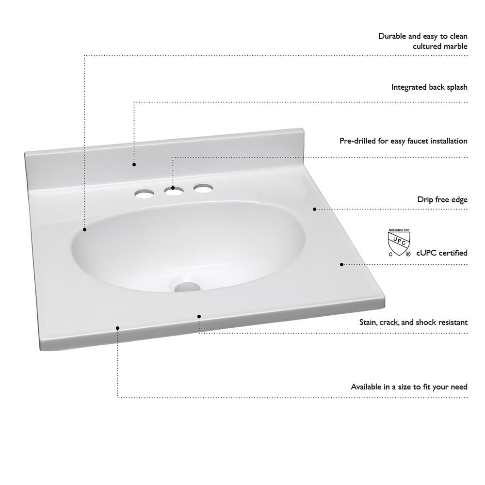 Tope de tocador de baño de mármol sólido blanco cultivado de 25 pulgadas x 19 pulgadas con un lavabo individual de 3 orificios de Design House 586180.