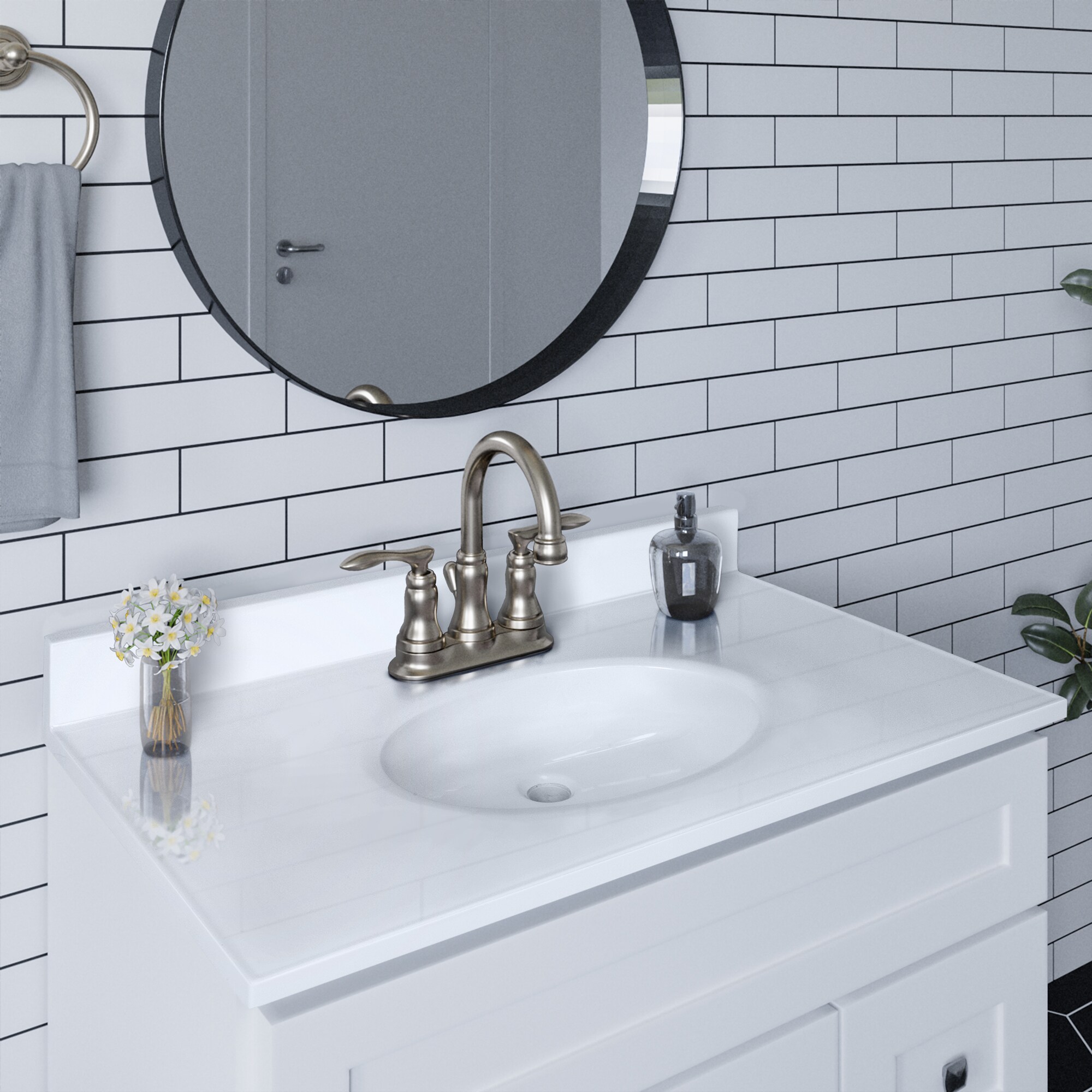 Tope de tocador de baño de mármol sólido blanco cultivado de 37 pulgadas x 19 pulgadas con un lavabo individual y tres orificios de Diseño Casa