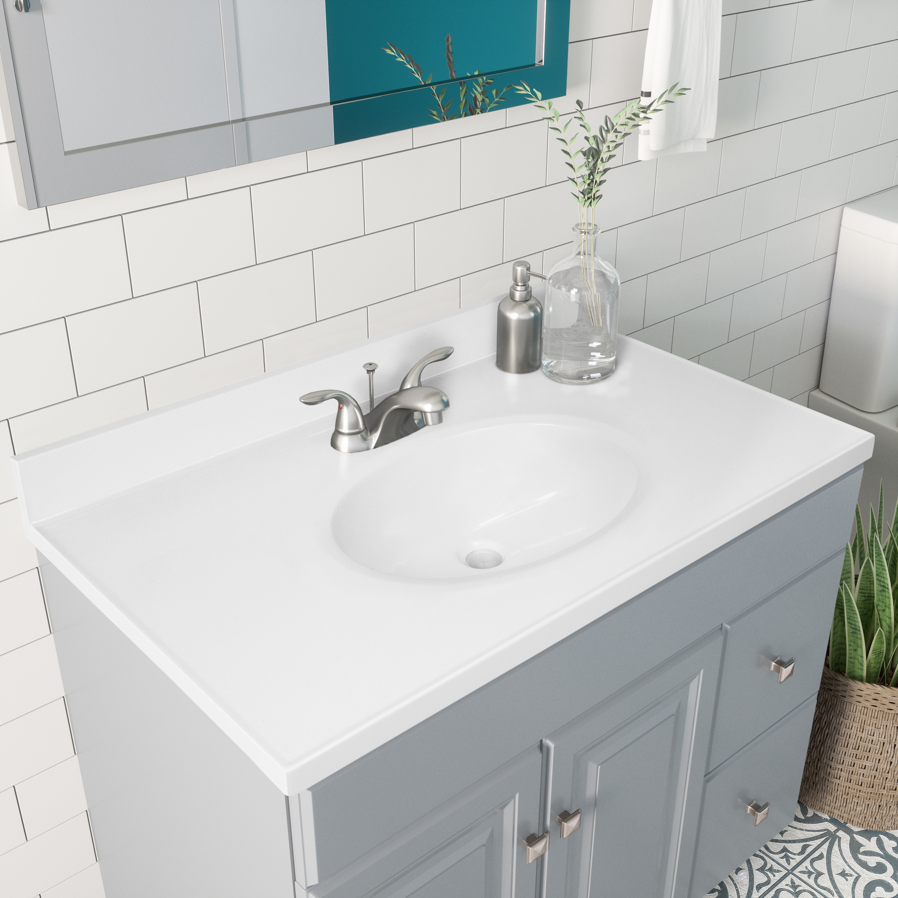 Tope de tocador de baño de mármol sólido blanco cultivado de 37 pulgadas x 19 pulgadas con un lavabo individual y tres orificios de Diseño Casa