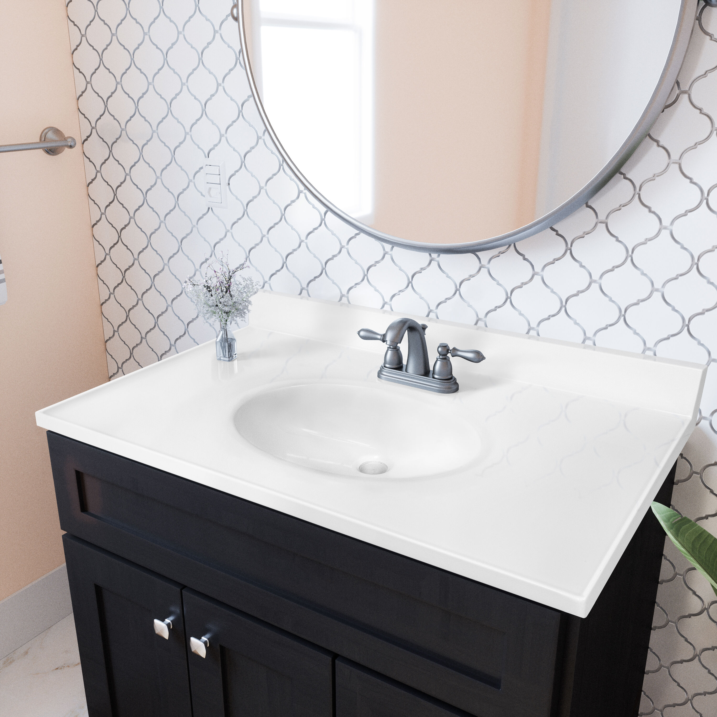 Tope de tocador de baño de mármol sólido blanco cultivado de 37 pulgadas x 19 pulgadas con un lavabo individual y tres orificios de Diseño Casa