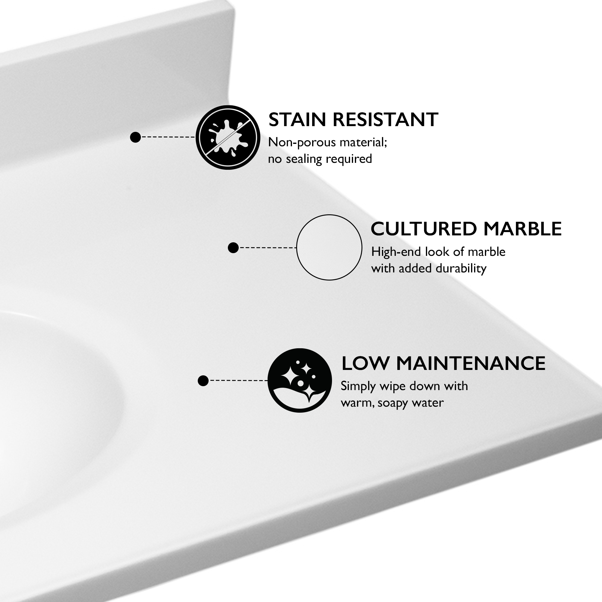Tope de tocador de baño de mármol sólido blanco cultivado de 37 pulgadas x 19 pulgadas con un lavabo individual y tres orificios de Diseño Casa