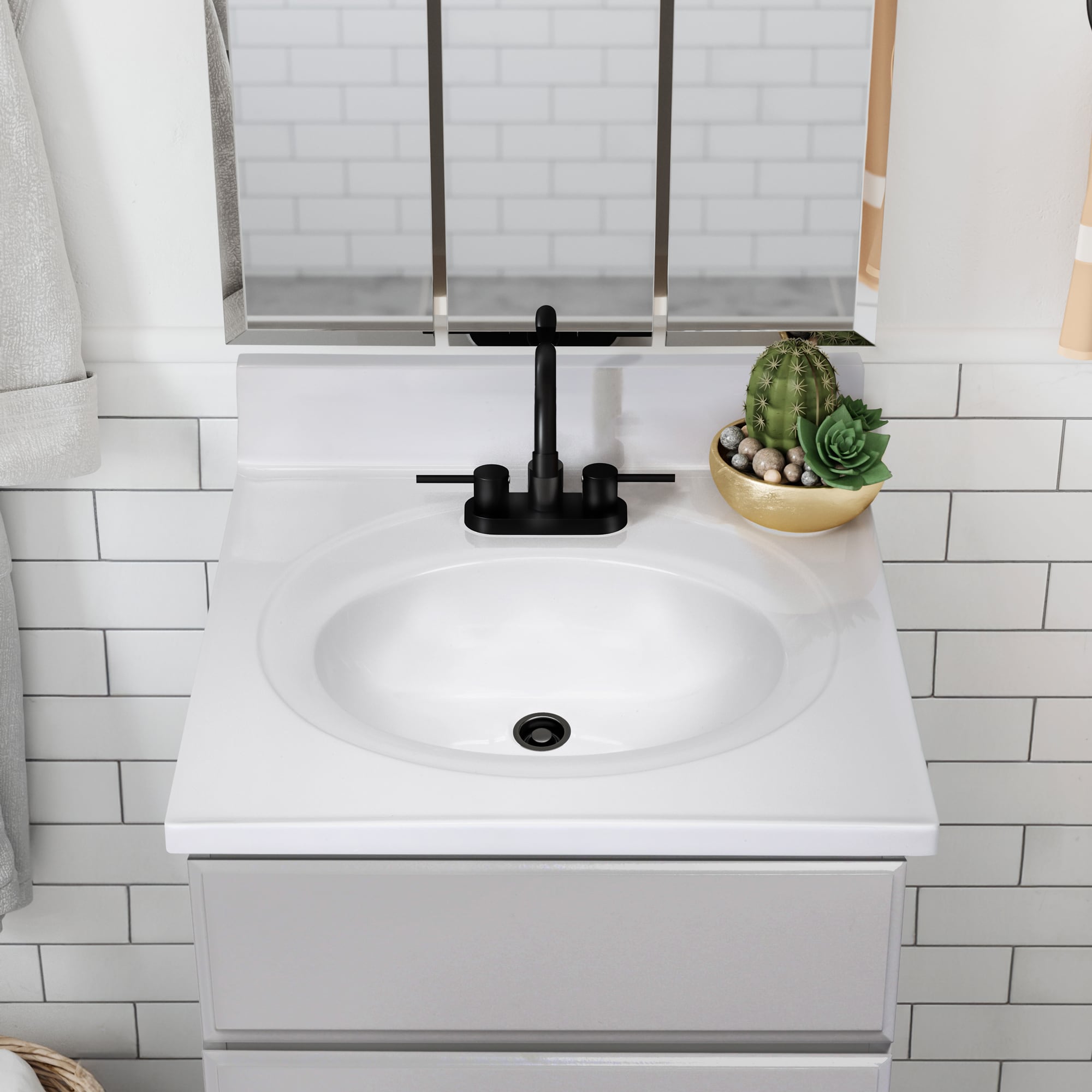 Encimera de baño de mármol cultivado blanco sólido de 25 pulgadas x 22 pulgadas con lavabo individual y 3 orificios - Design House