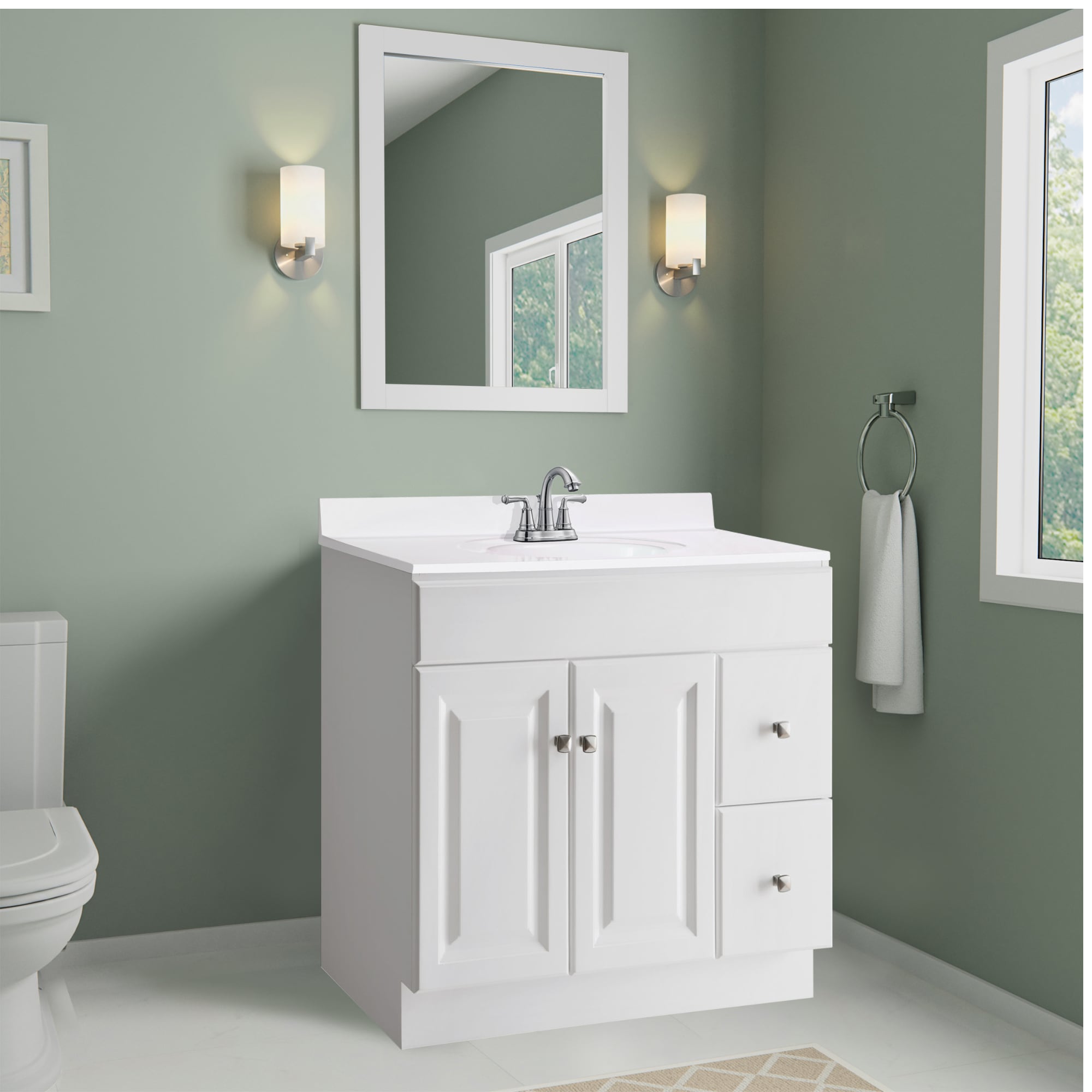 Encimera de baño de mármol cultivado blanco sólido de 25 pulgadas x 22 pulgadas con lavabo individual y 3 orificios - Design House