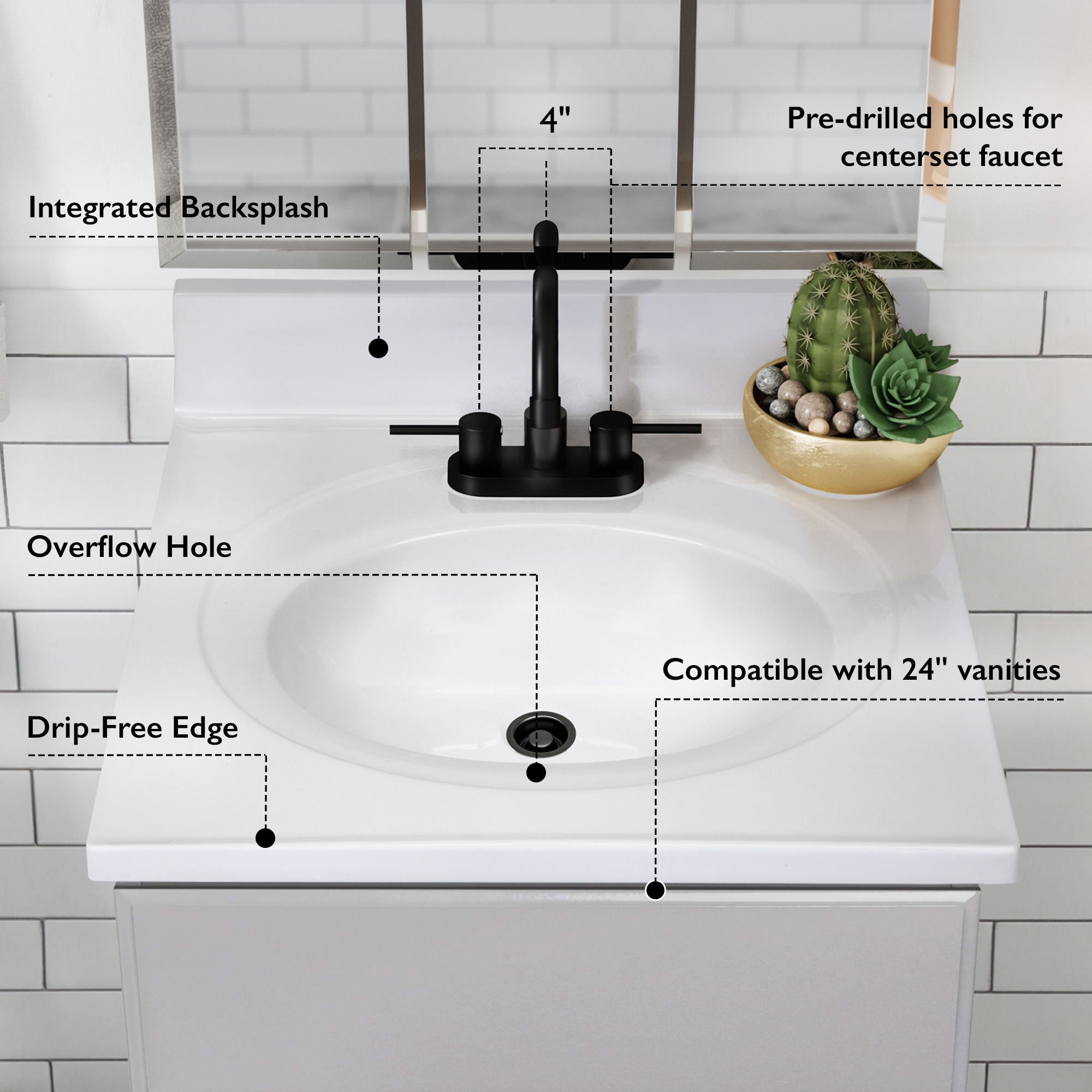 Encimera de baño de mármol cultivado blanco sólido de 25 pulgadas x 22 pulgadas con lavabo individual y 3 orificios - Design House