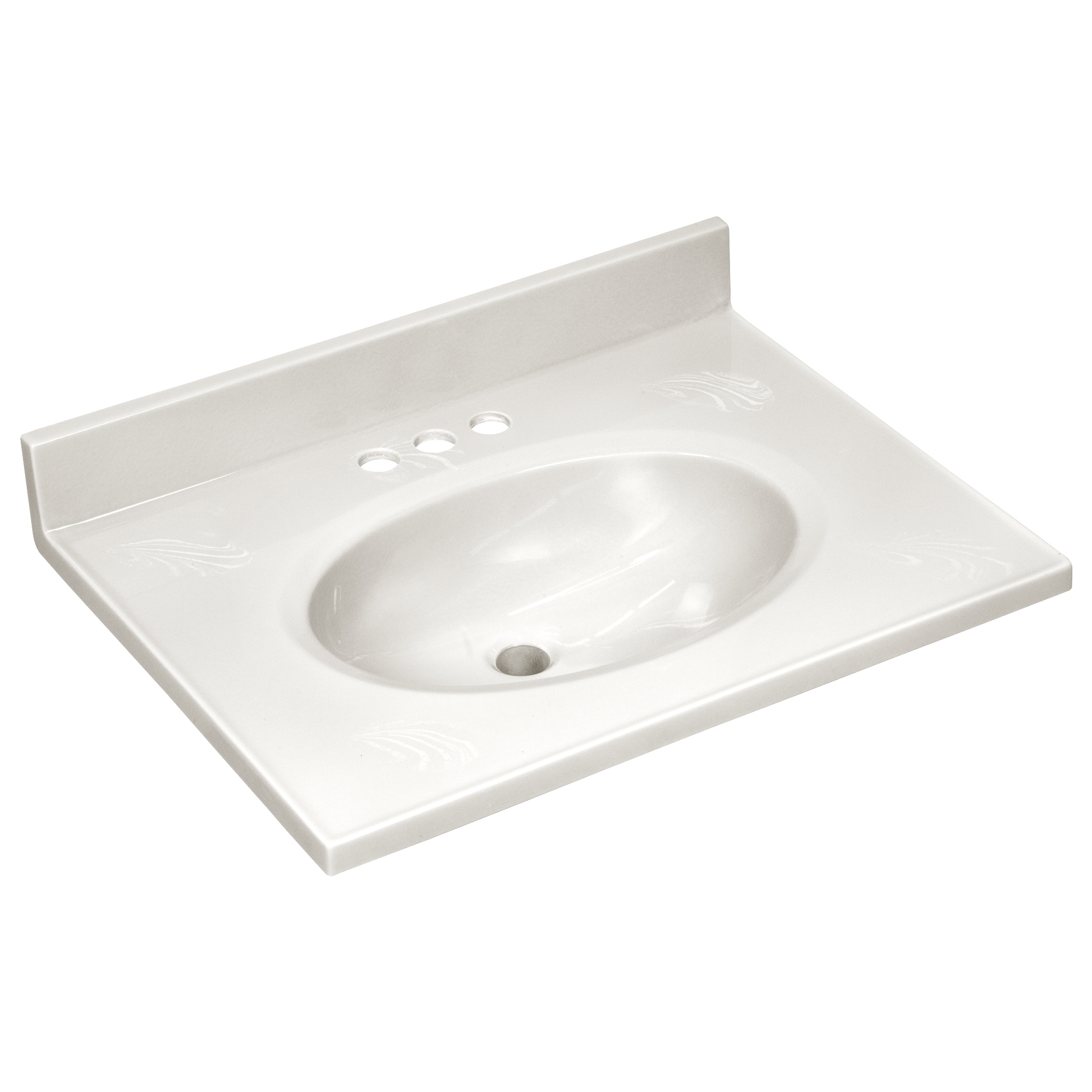 Tope de tocador de baño de 25 pulgadas x 19 pulgadas con lavabo individual integrado de mármol cultivado en tono marfil con remolinos - 3 orificios